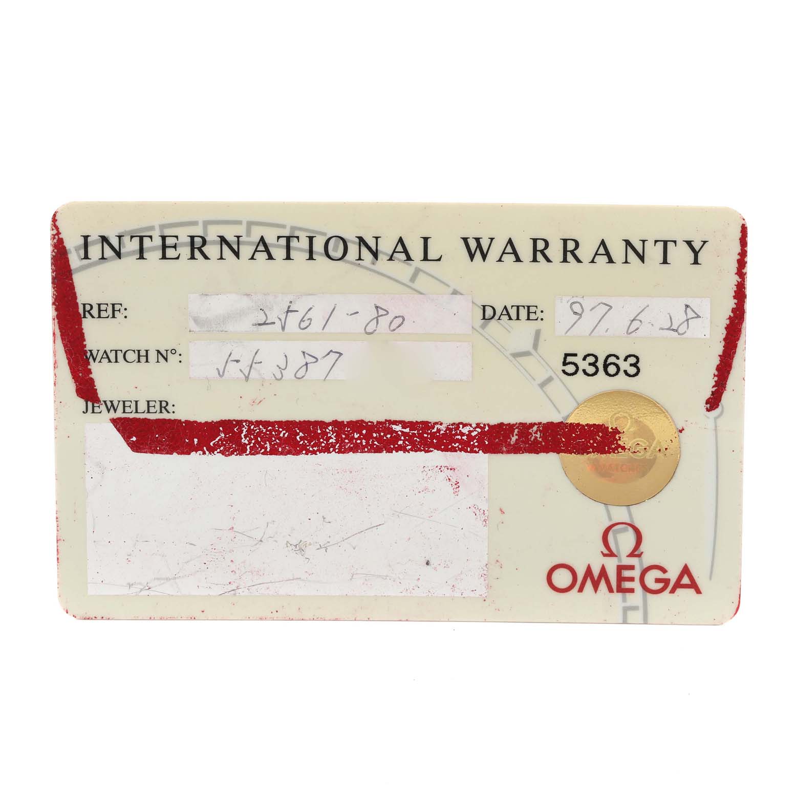 The image shows an Omega Seamaster 2561.80.00 Men's Stainless Steel Blue Dial 2561.80.00 Men's Stainless Steel Blue Dial International Warranty card with details such as reference, watch number, date, and jeweler information.