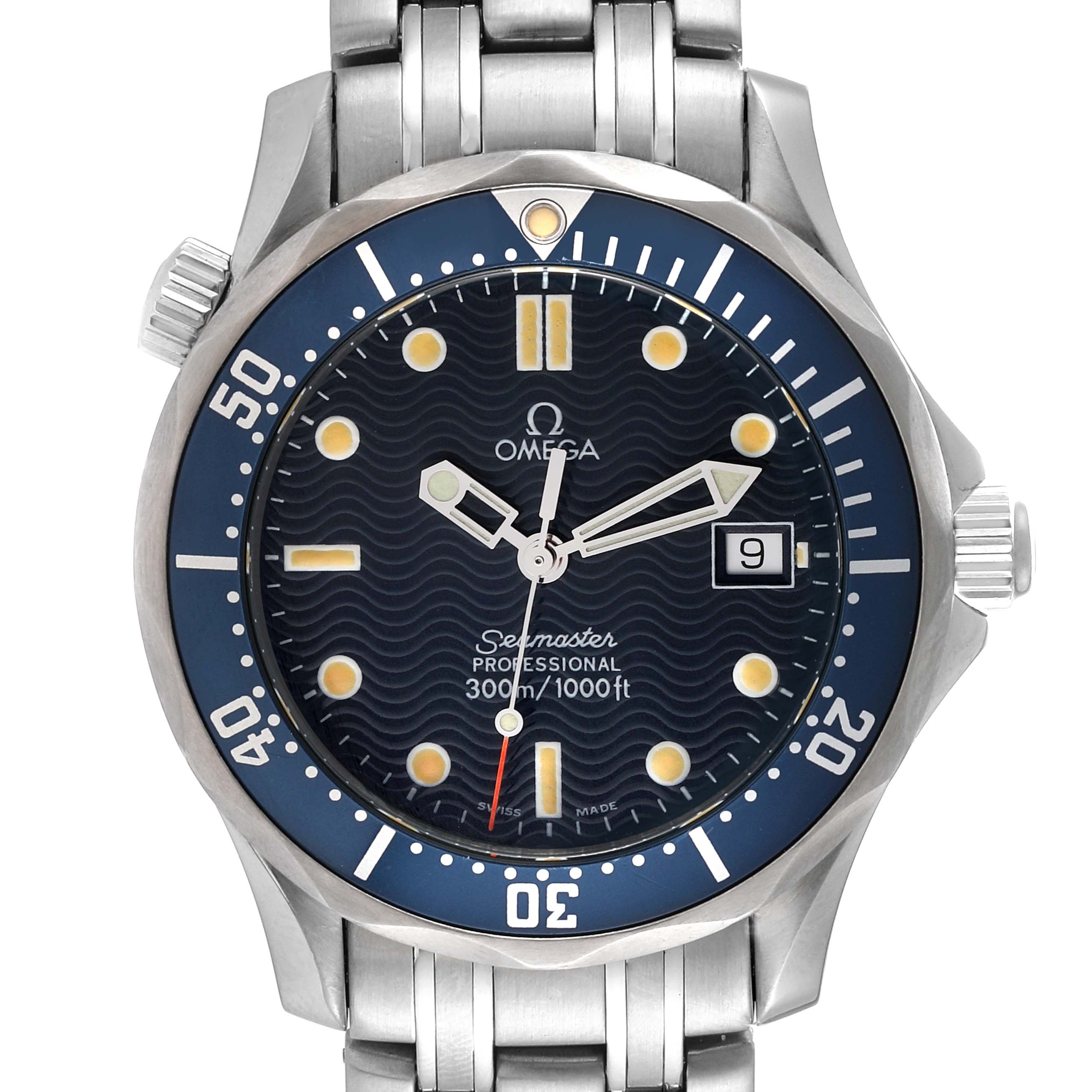 The image shows a front view of an Omega Seamaster 2561.80.00 Men's Stainless Steel Blue Dial 2561.80.00 Men's Stainless Steel Blue Dial watch, displaying the dial, bezel, hands, date window, and part of the strap.