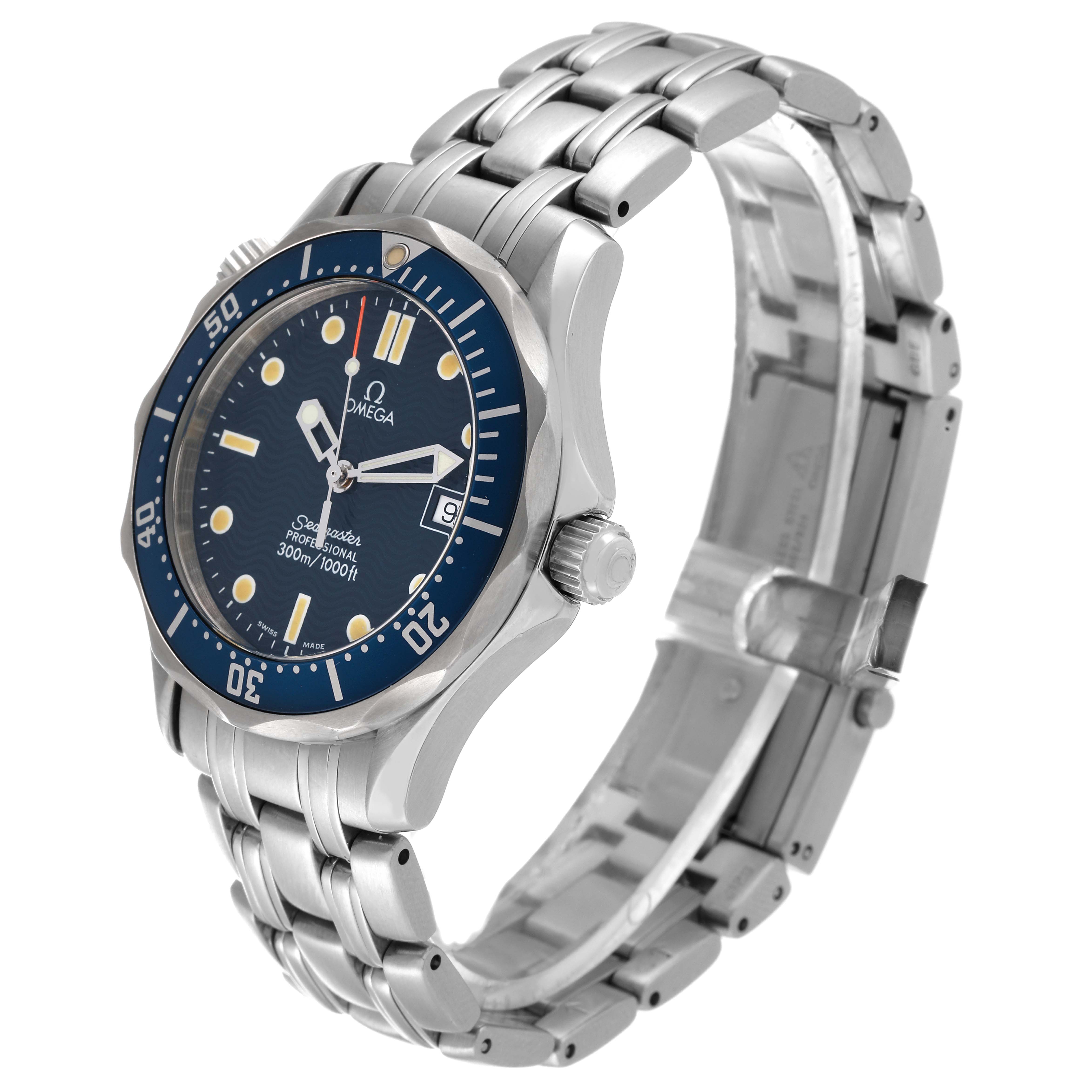 The image shows a side angle of the Omega Seamaster 2561.80.00 Men's Stainless Steel Blue Dial 2561.80.00 Men's Stainless Steel Blue Dial watch, highlighting its face, bezel, bracelet, and clasp.