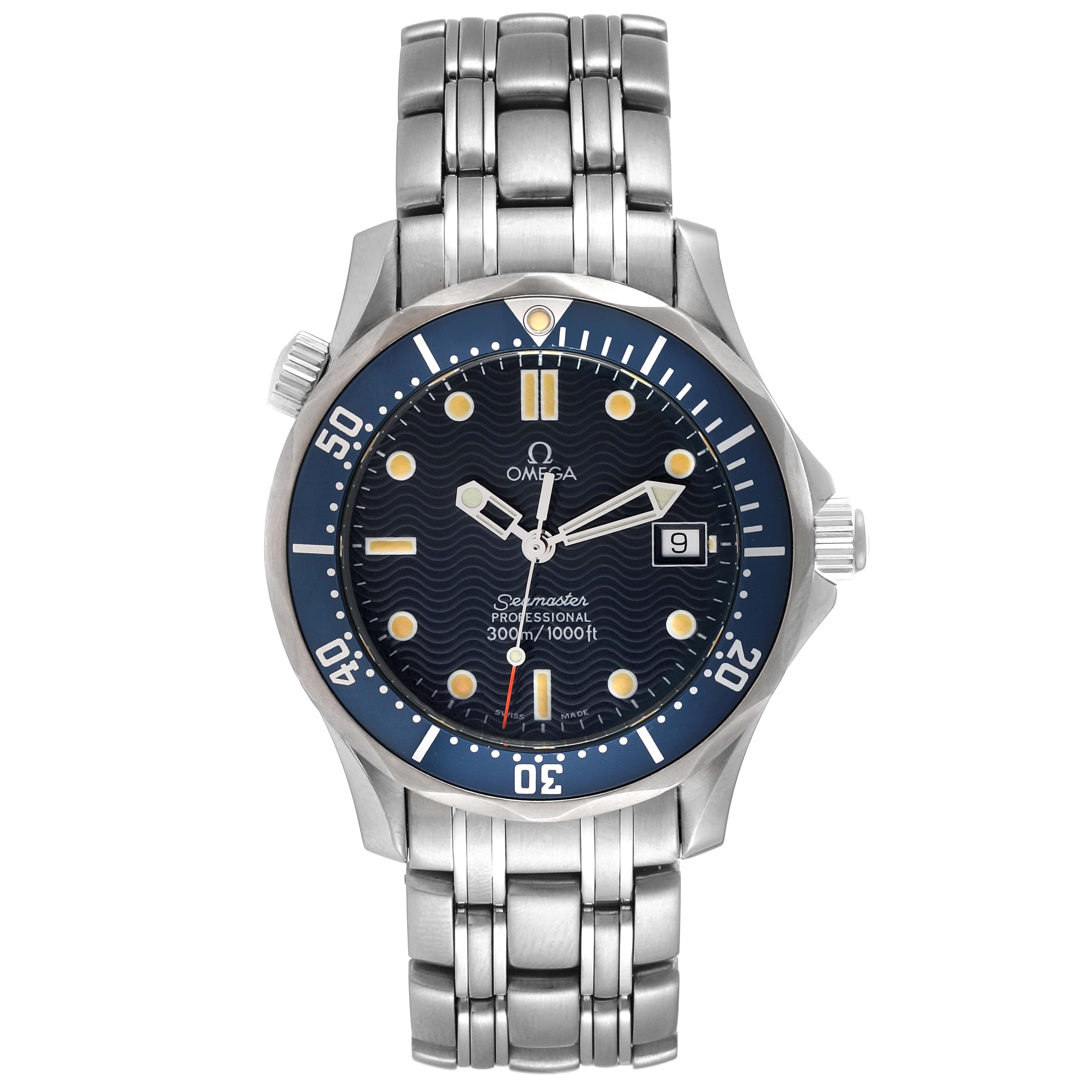 This image shows a front view of the Omega Seamaster 2561.80.00 Men's Stainless Steel Blue Dial 2561.80.00 Men's Stainless Steel Blue Dial watch, highlighting its dial, bezel, and bracelet.