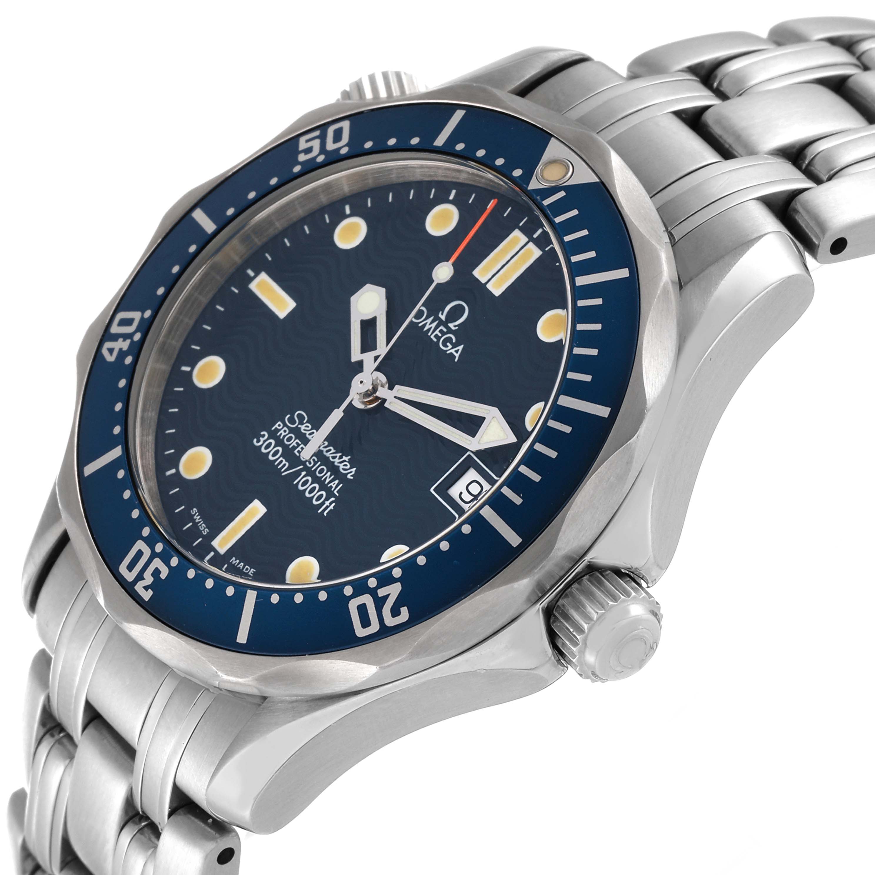 The image shows an angled view of an Omega Seamaster 2561.80.00 Men's Stainless Steel Blue Dial 2561.80.00 Men's Stainless Steel Blue Dial watch, highlighting its face, bezel, crown, and stainless steel bracelet.