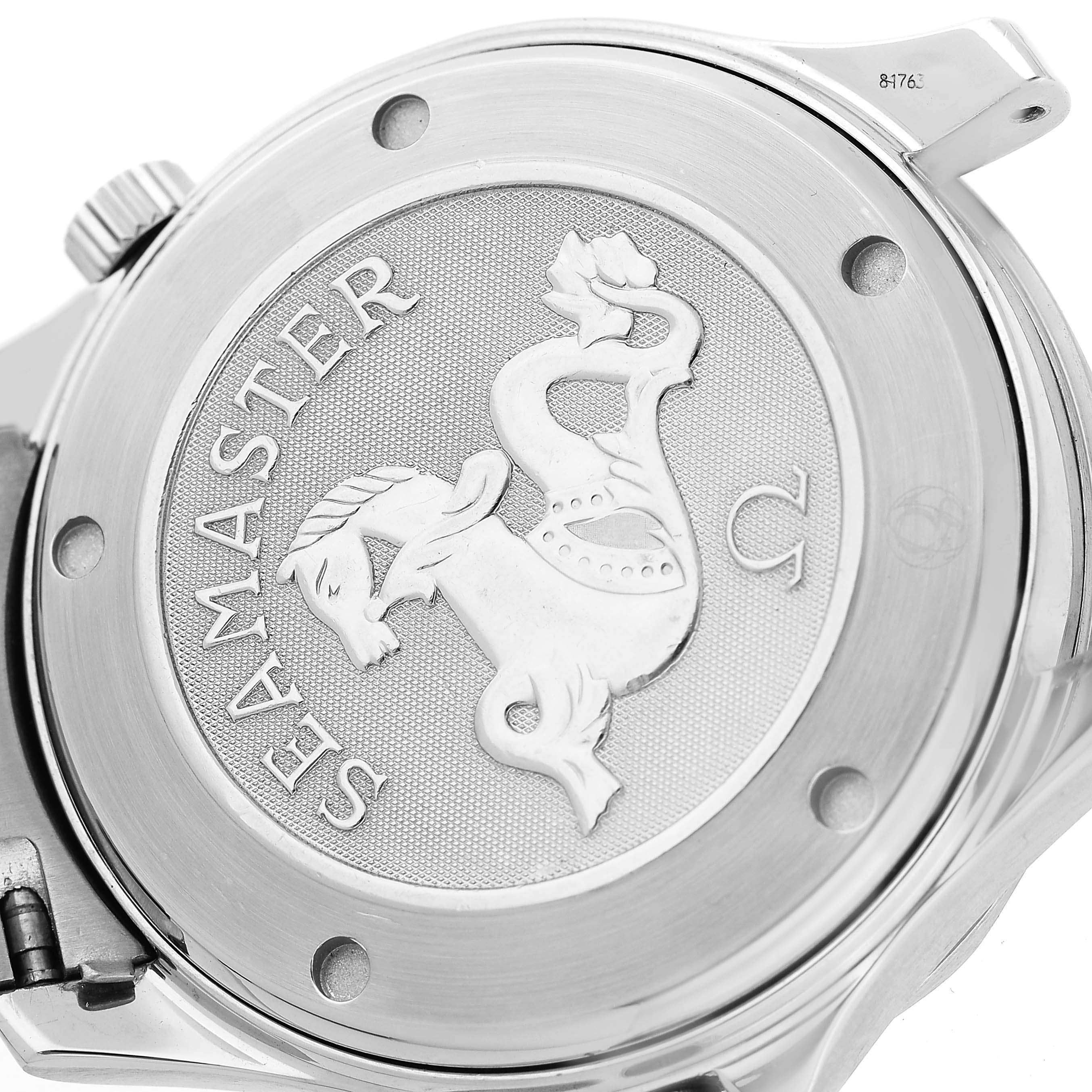 The image shows the case back of an Omega Seamaster 2220.80.00 Men's Stainless Steel Blue Dial watch, displaying the engraved logo and model name.