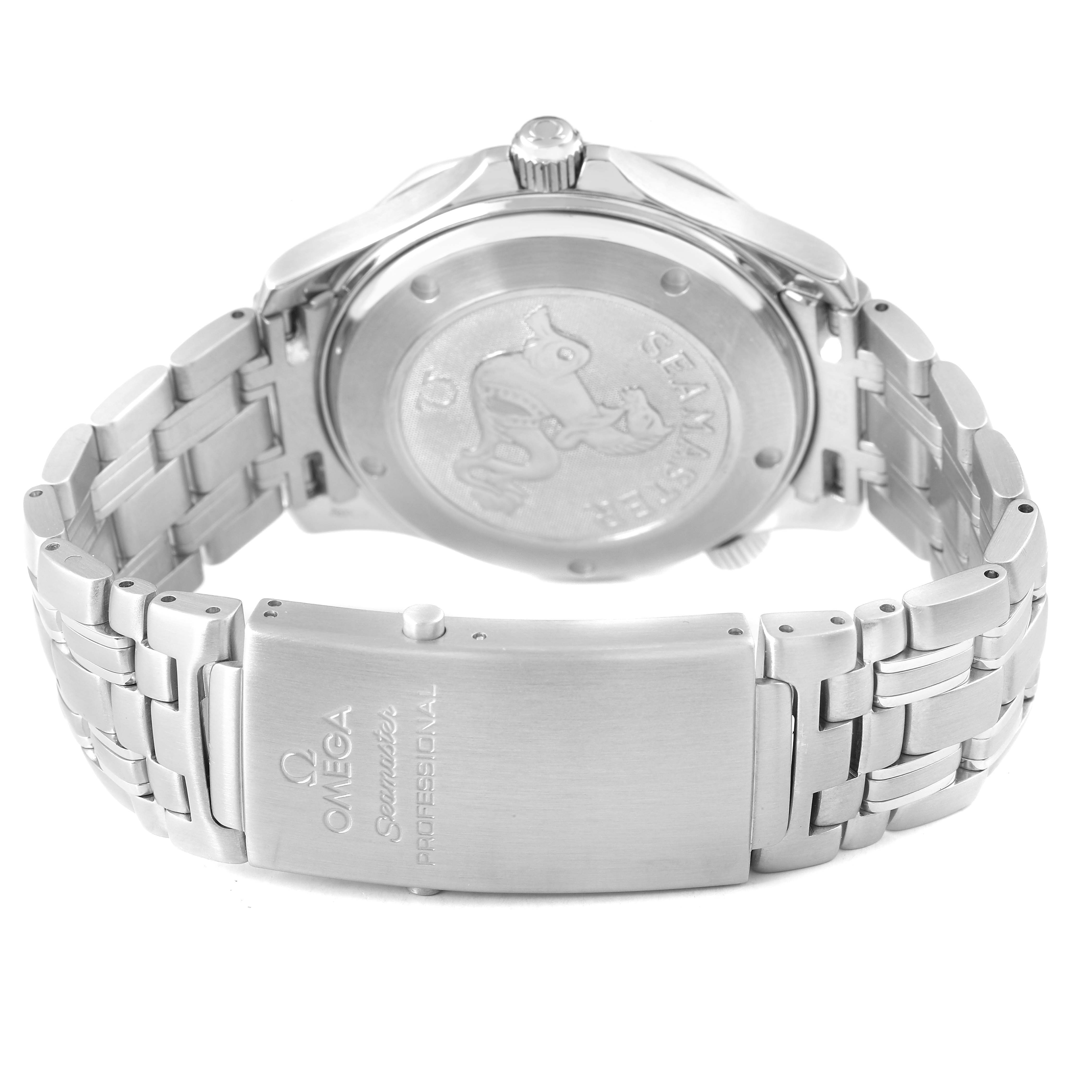 The image shows the back case and clasp of an Omega Seamaster 2220.80.00 Men's Stainless Steel Blue Dial, highlighting the bracelet and engraved details.