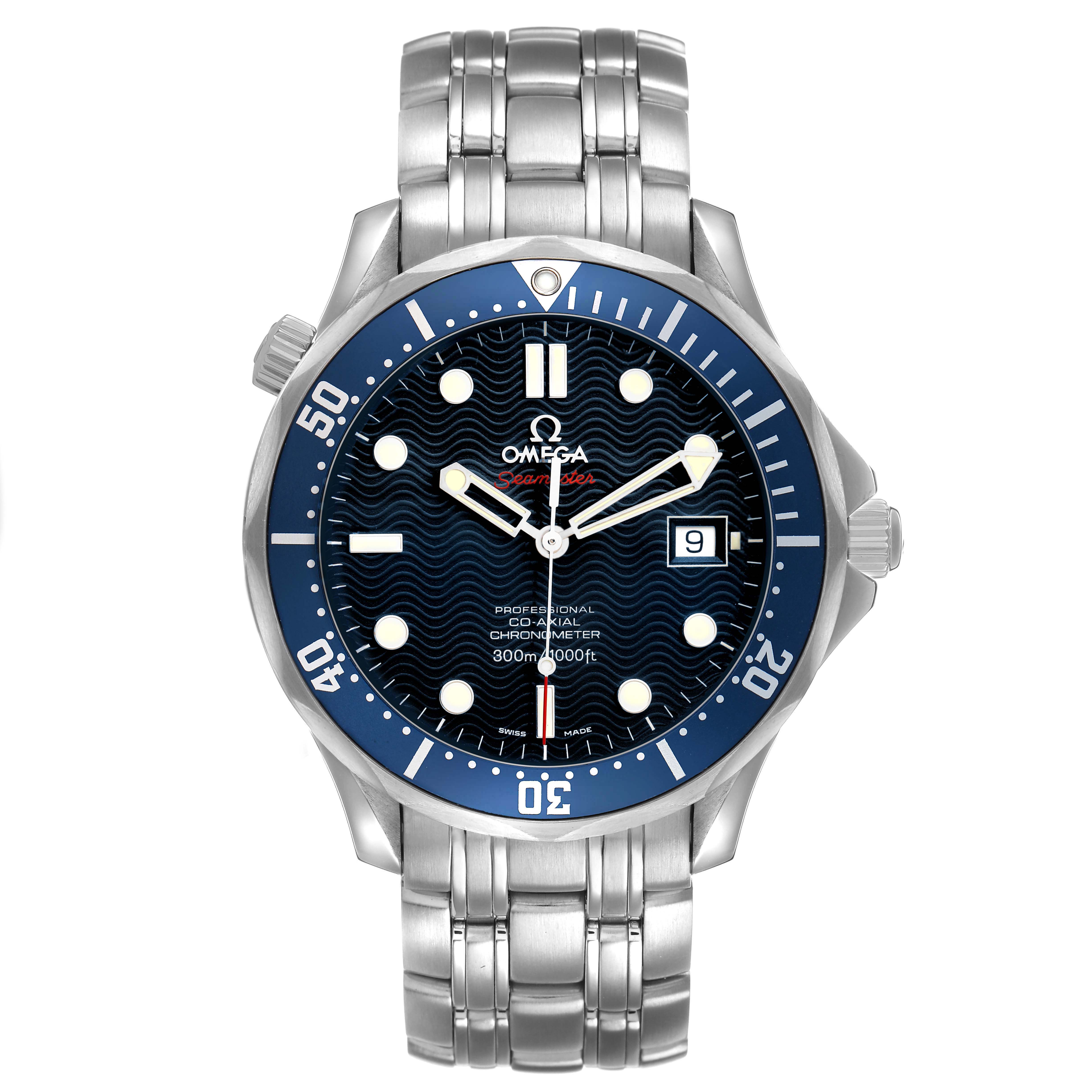 The Omega Seamaster 2220.80.00 Men's Stainless Steel Blue Dial watch is shown from a frontal angle, displaying the dial, bezel, and bracelet.