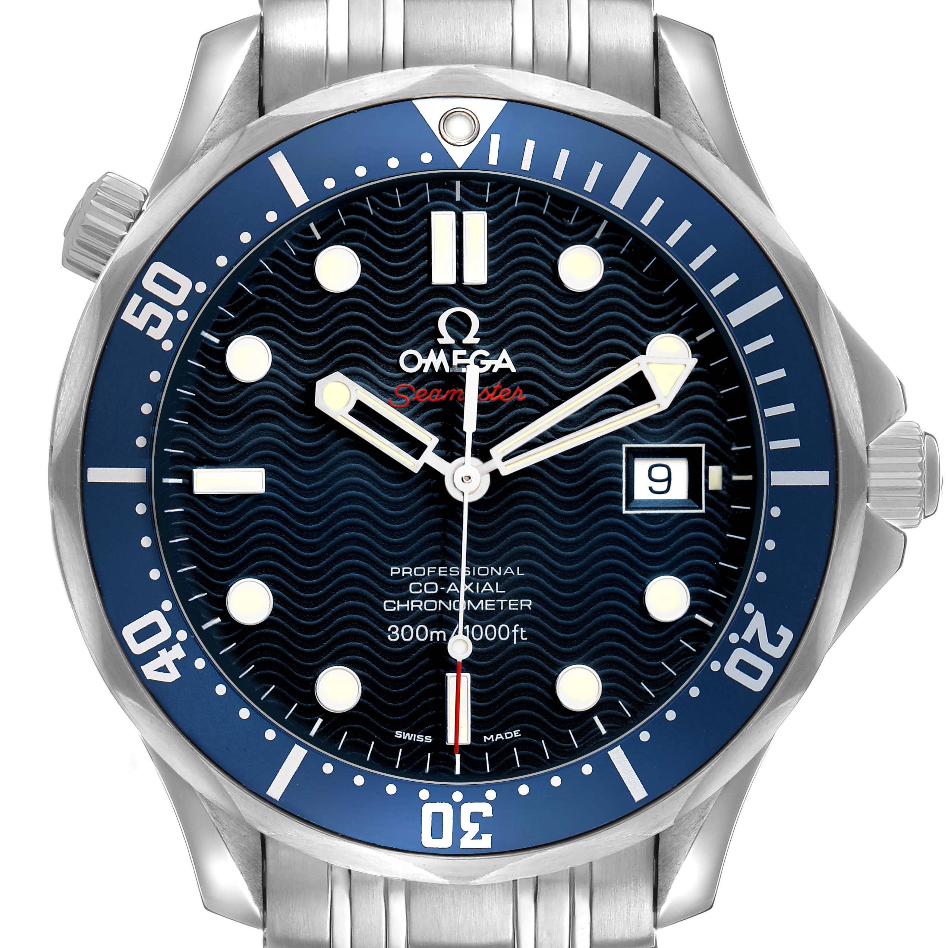 The image shows a front view of the Omega Seamaster 2220.80.00 Men's Stainless Steel Blue Dial model, highlighting the dial, bezel, and metal bracelet.