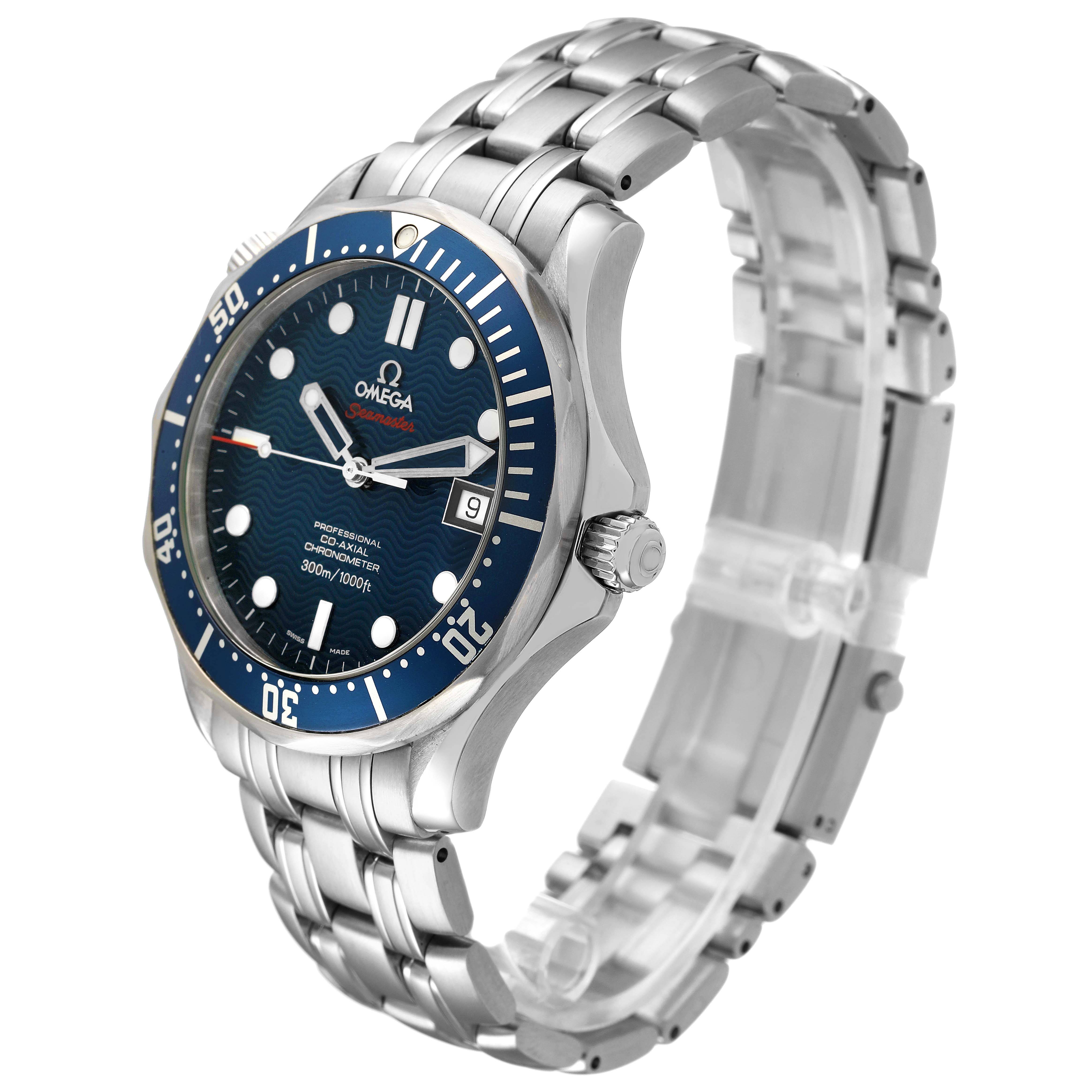 The Omega Seamaster 2220.80.00 Men's Stainless Steel Blue Dial watch is shown at a three-quarter angle, highlighting the face, bezel, crown, and bracelet.