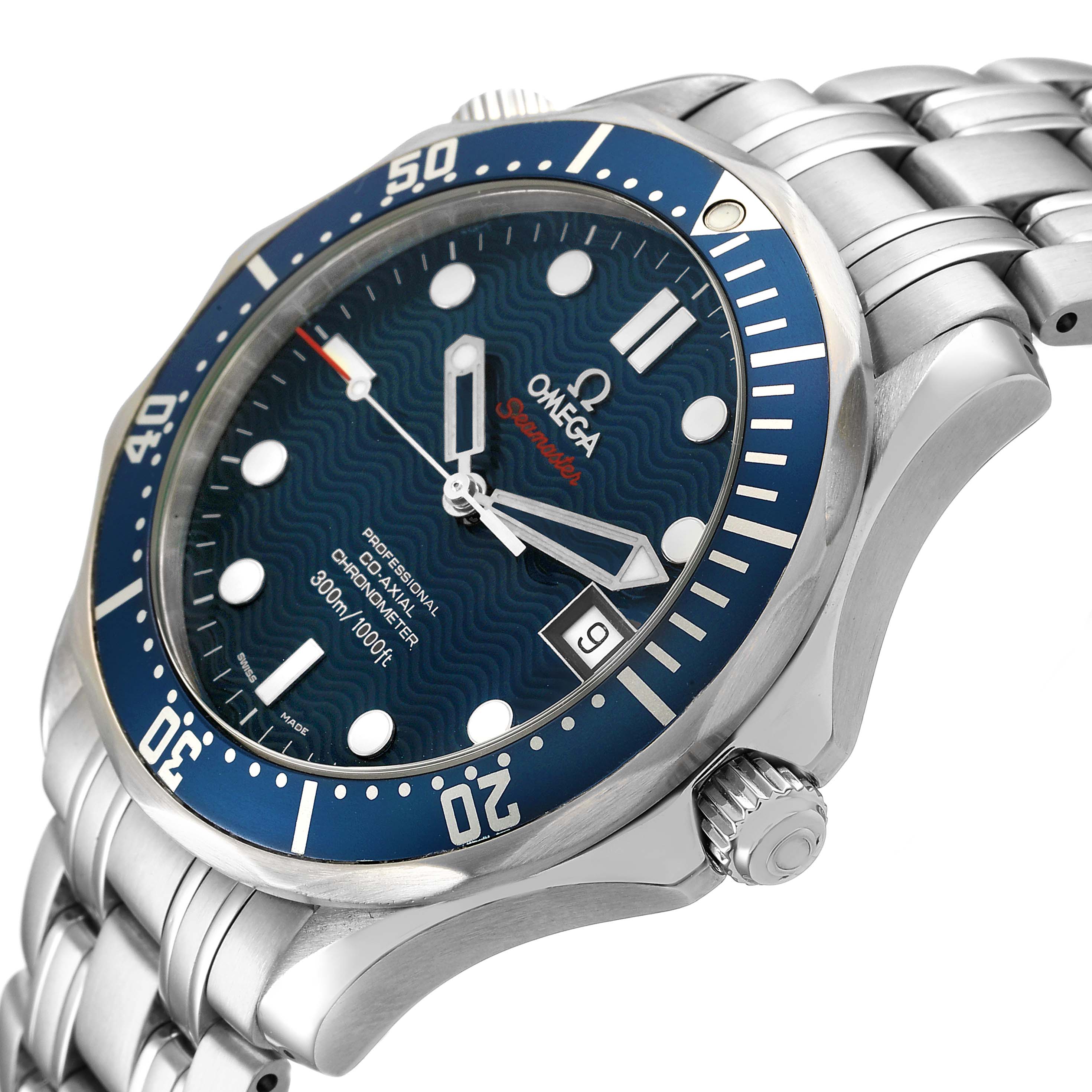 The Omega Seamaster 2220.80.00 Men's Stainless Steel Blue Dial watch is shown at a slight angle, highlighting the dial, bezel, crown, and part of the metal bracelet.