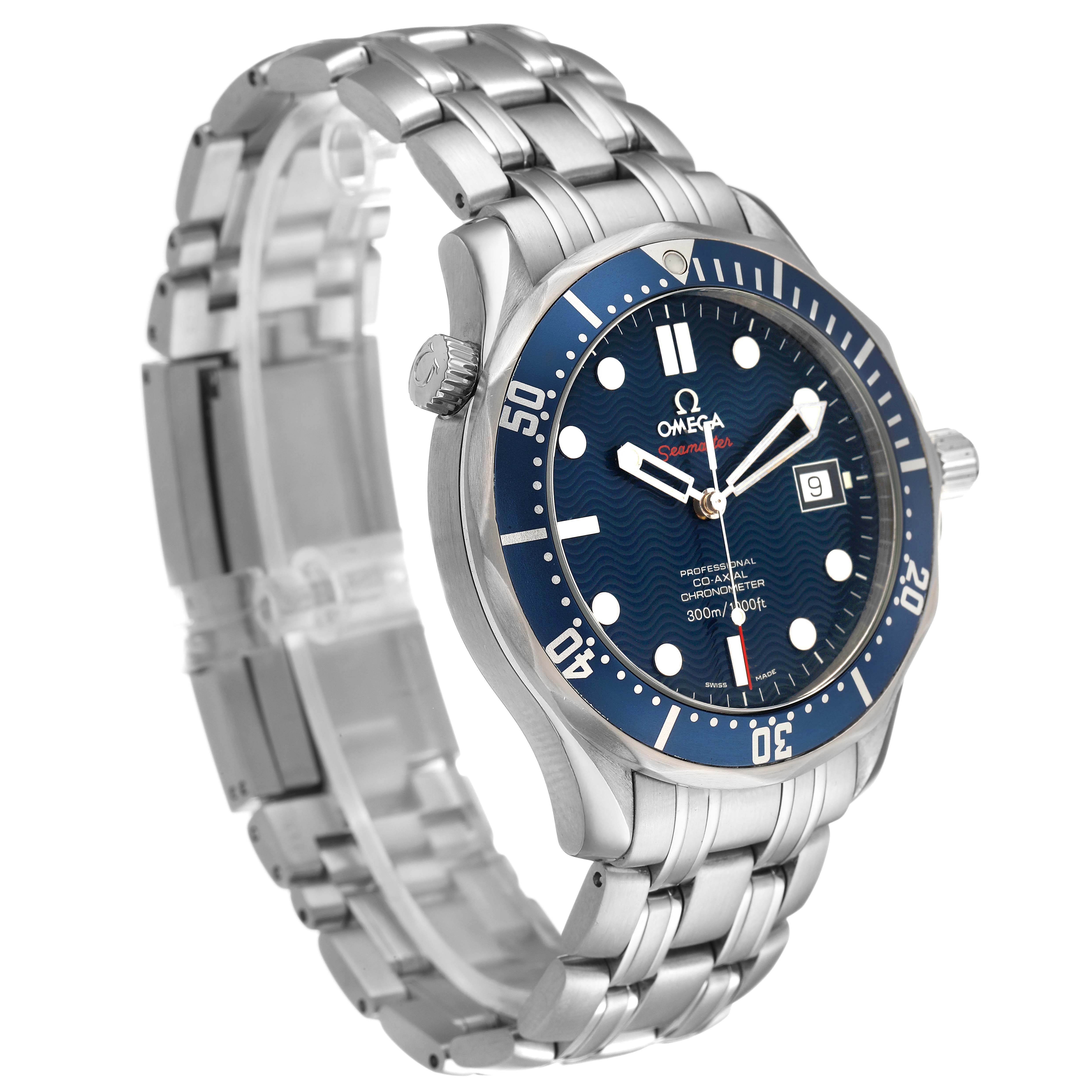 The Omega Seamaster 2220.80.00 Men's Stainless Steel Blue Dial is shown at a slight angle, displaying the face, bezel, crown, and part of the bracelet.