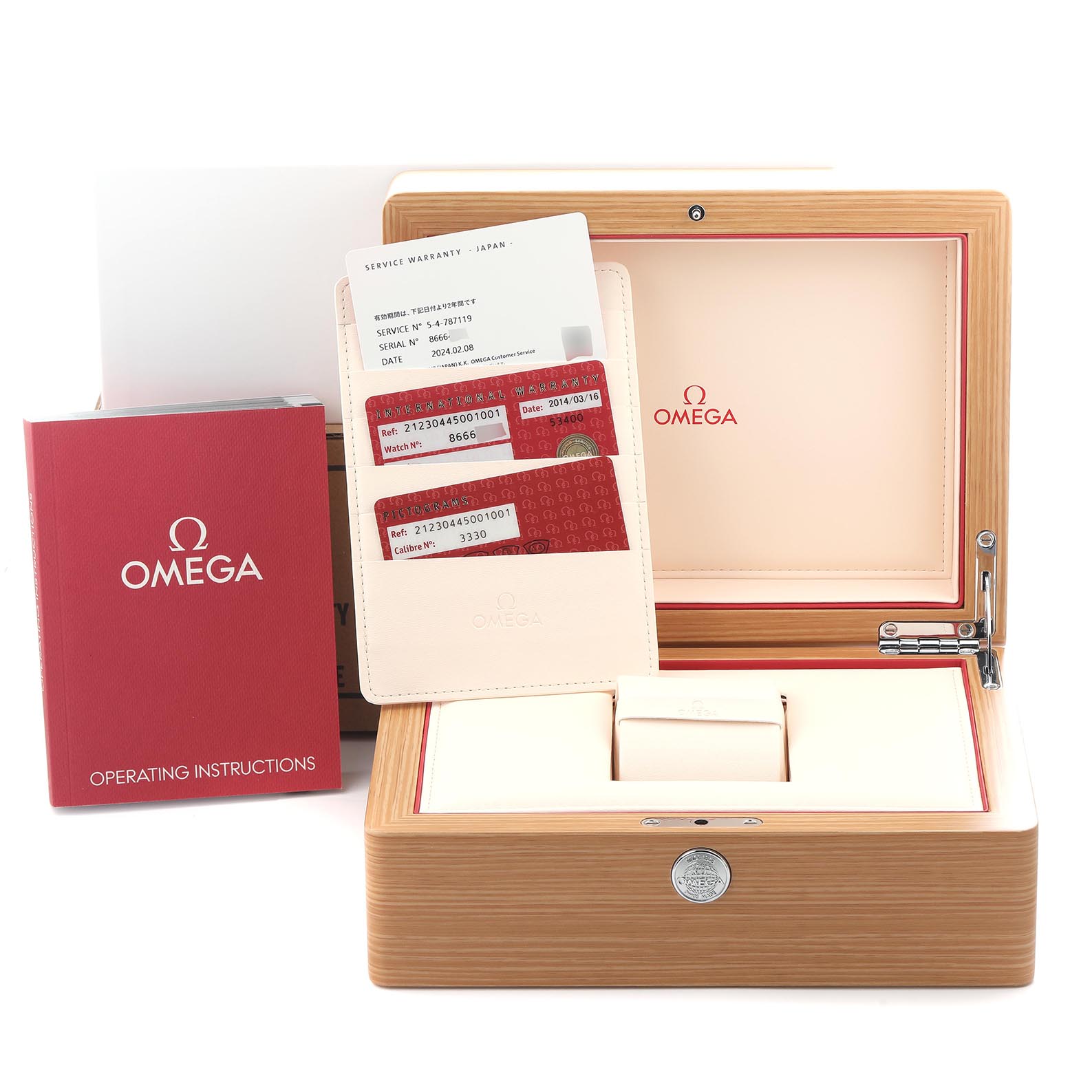 The image shows an Omega Seamaster 212.30.44.50.01.001 Men
s Stainless Steel Black Dial 212.30.44.50.01.001 Men
s Stainless Steel Black Dial watch box with warranty cards, instruction manual, and opened wooden case interior.