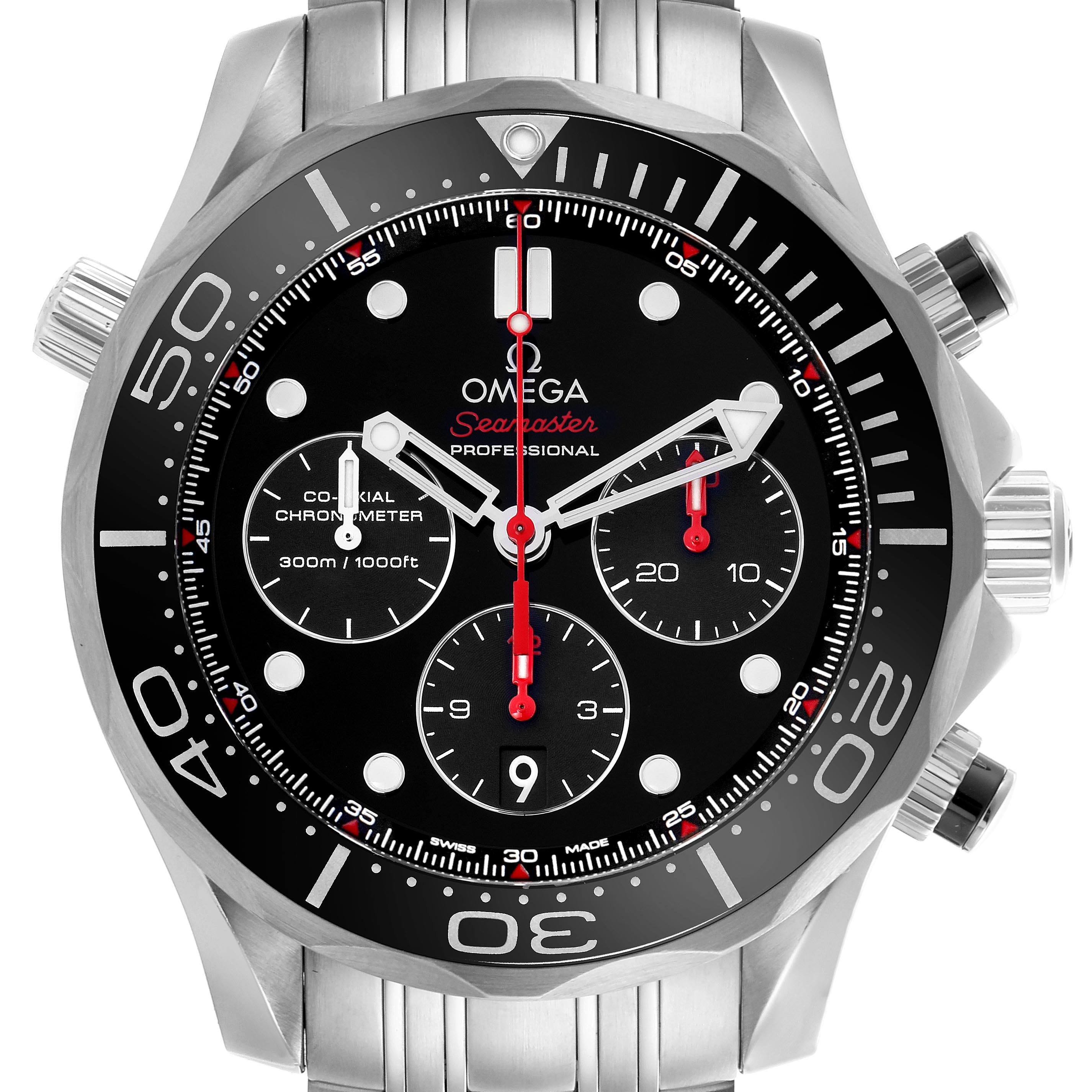 The Omega Seamaster 212.30.44.50.01.001 Men
s Stainless Steel Black Dial 212.30.44.50.01.001 Men
s Stainless Steel Black Dial watch is shown from a front angle, highlighting the dial, bezel, and chronograph subdials.