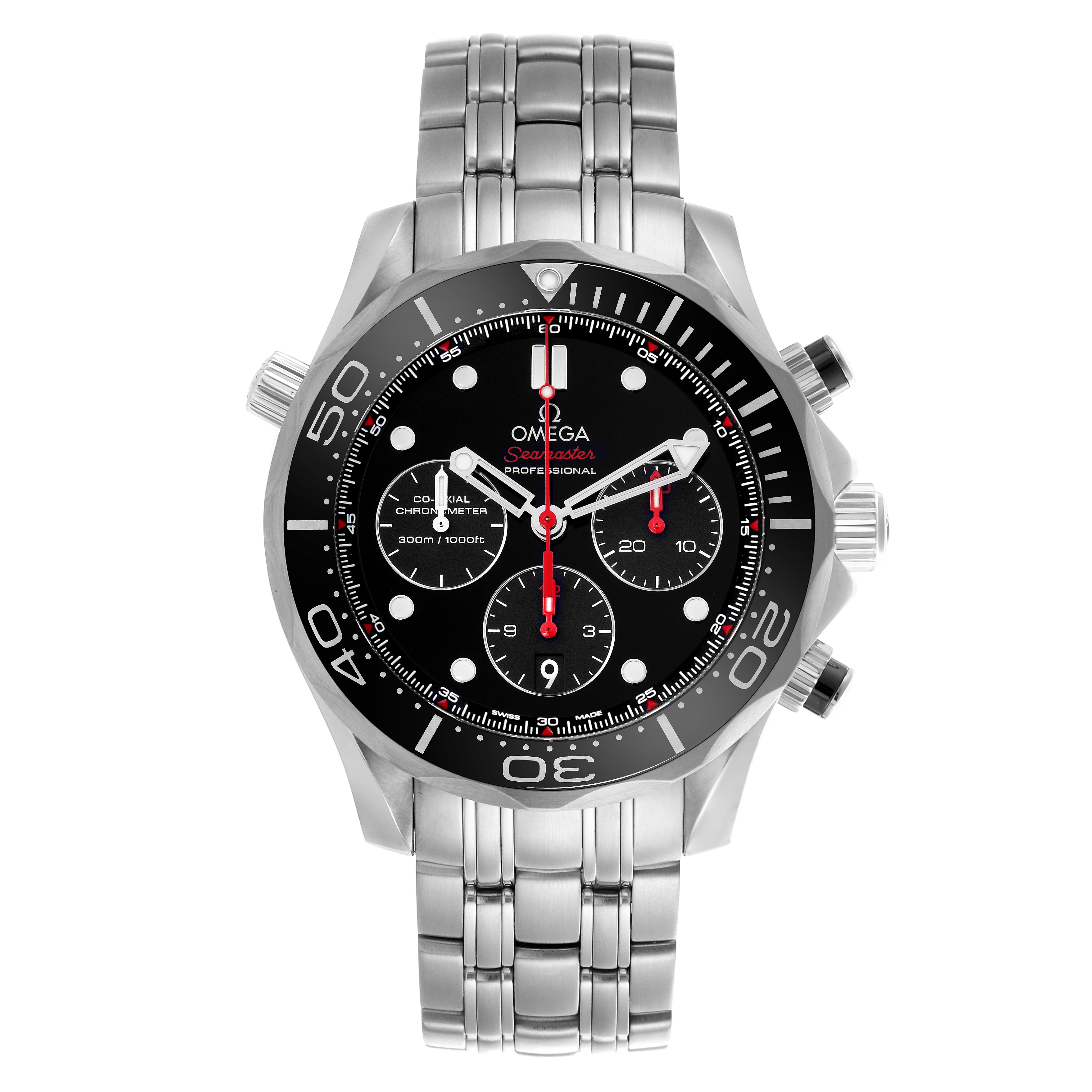 The Omega Seamaster 212.30.44.50.01.001 Men
s Stainless Steel Black Dial 212.30.44.50.01.001 Men
s Stainless Steel Black Dial watch is shown from a frontal angle, displaying the face, bezel, and bracelet clearly.