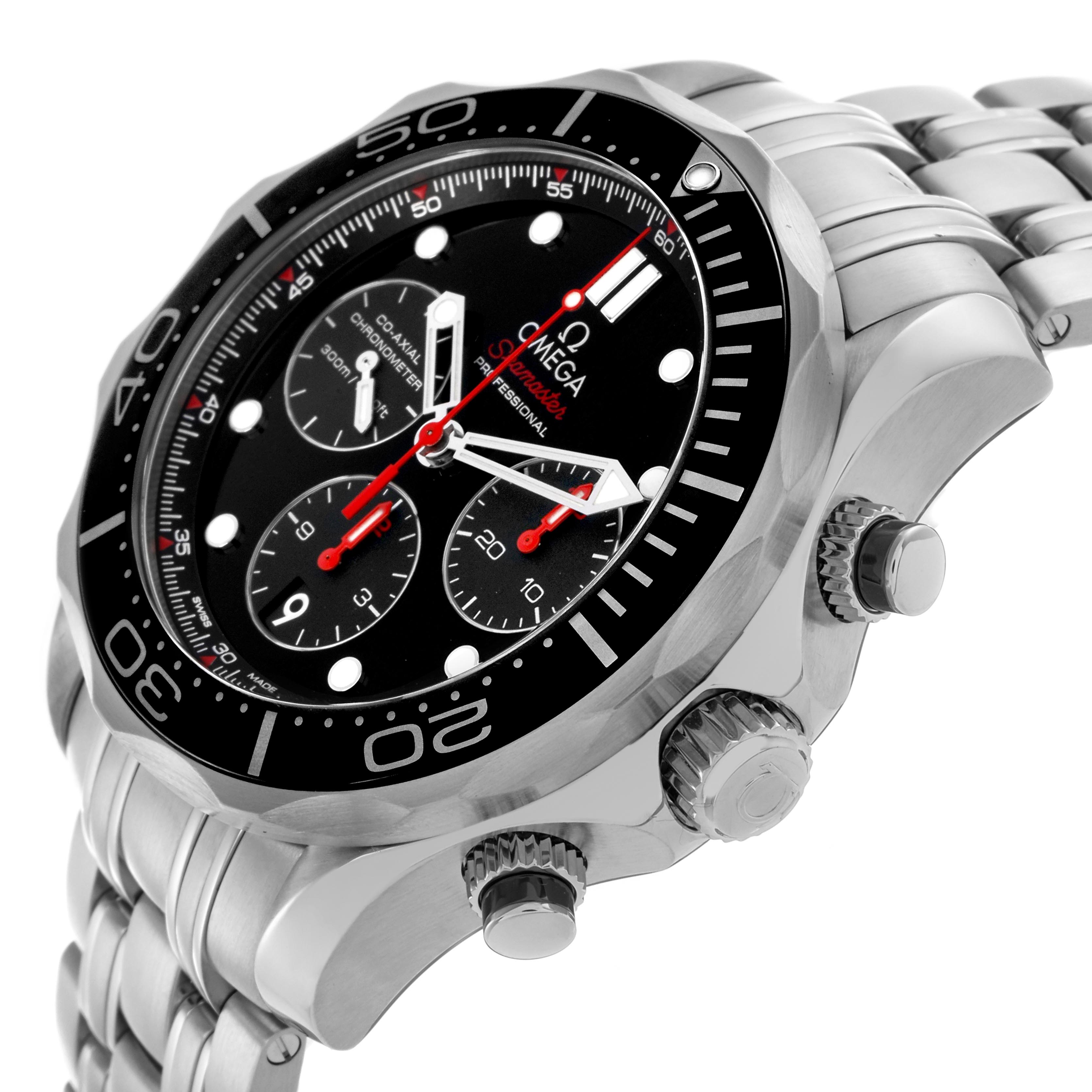 The Omega Seamaster 212.30.44.50.01.001 Men
s Stainless Steel Black Dial 212.30.44.50.01.001 Men
s Stainless Steel Black Dial watch is shown at an angled side view, highlighting the face, bezel, crown, and chronograph pushers.