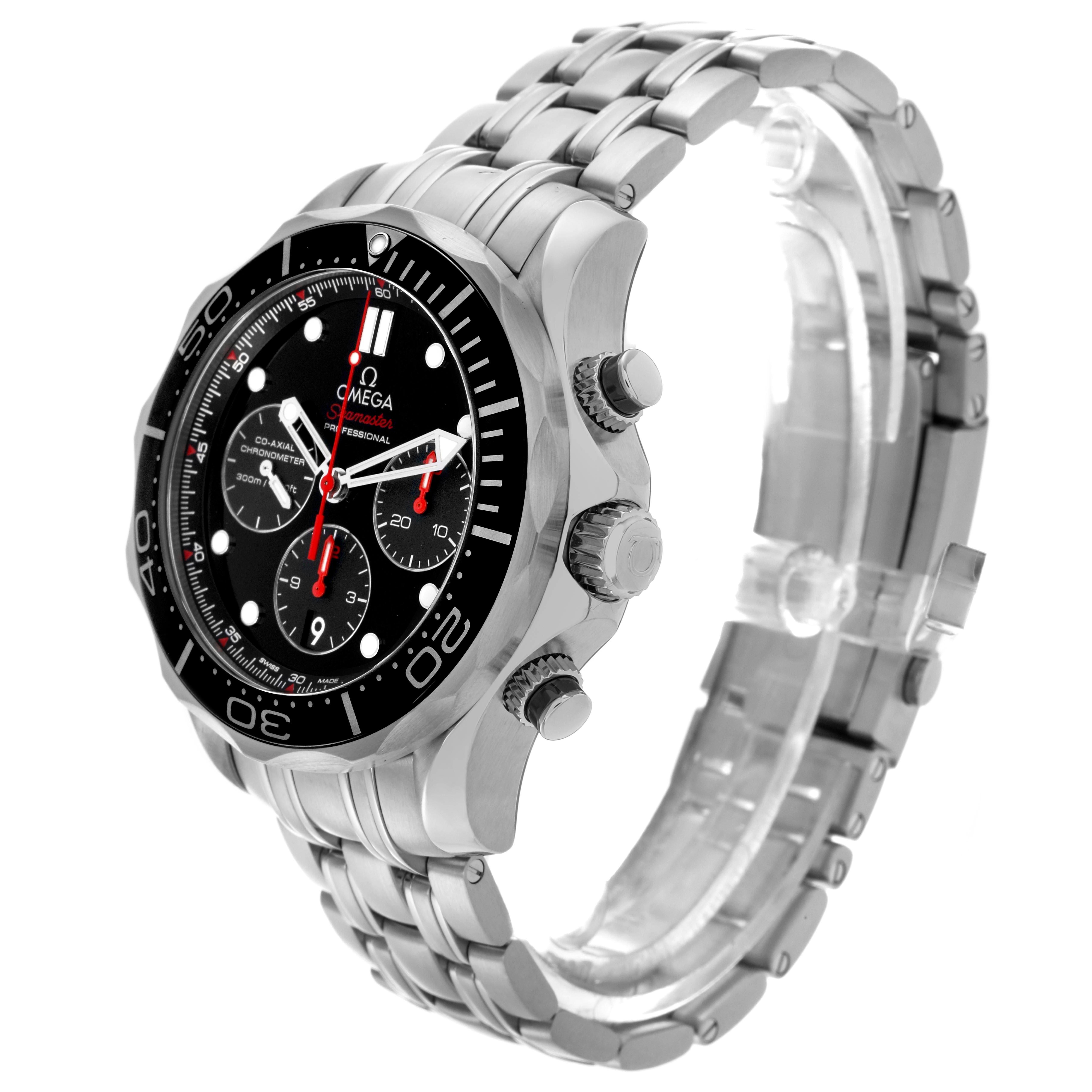 The Omega Seamaster 212.30.44.50.01.001 Men
s Stainless Steel Black Dial 212.30.44.50.01.001 Men
s Stainless Steel Black Dial watch is shown at a three-quarter angle, displaying the dial, bezel, crown, and bracelet.