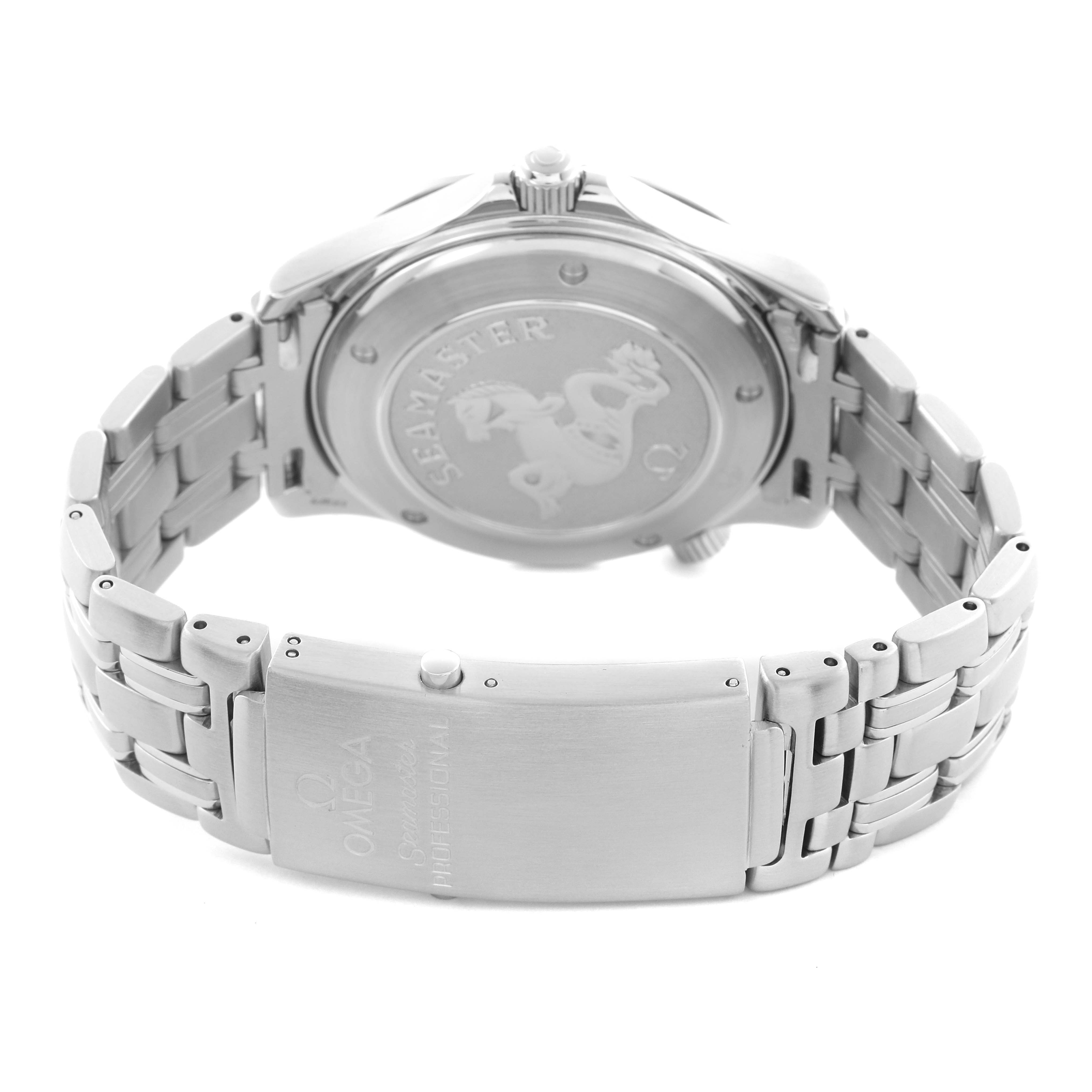 The image shows the back view of an Omega Seamaster 2220.80.00 Men
s Stainless Steel Blue Dial 2220.80.00 Men
s Stainless Steel Blue Dial, highlighting the case back, bracelet, and clasp.