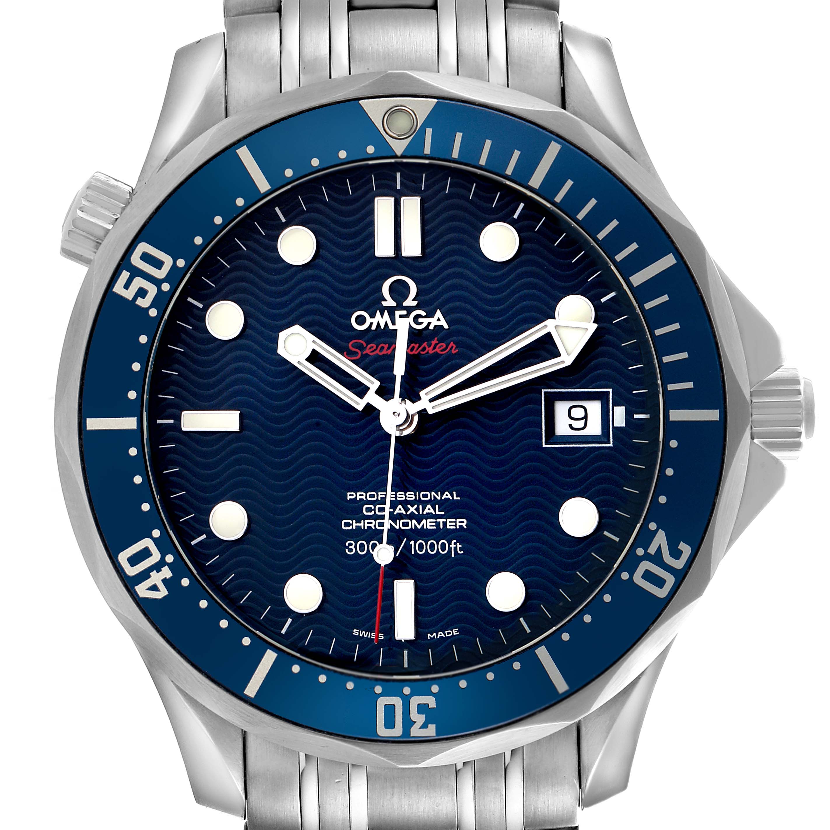 The Omega Seamaster 2220.80.00 Men
s Stainless Steel Blue Dial 2220.80.00 Men
s Stainless Steel Blue Dial watch is shown from the front, highlighting its dial, bezel, and bracelet.
