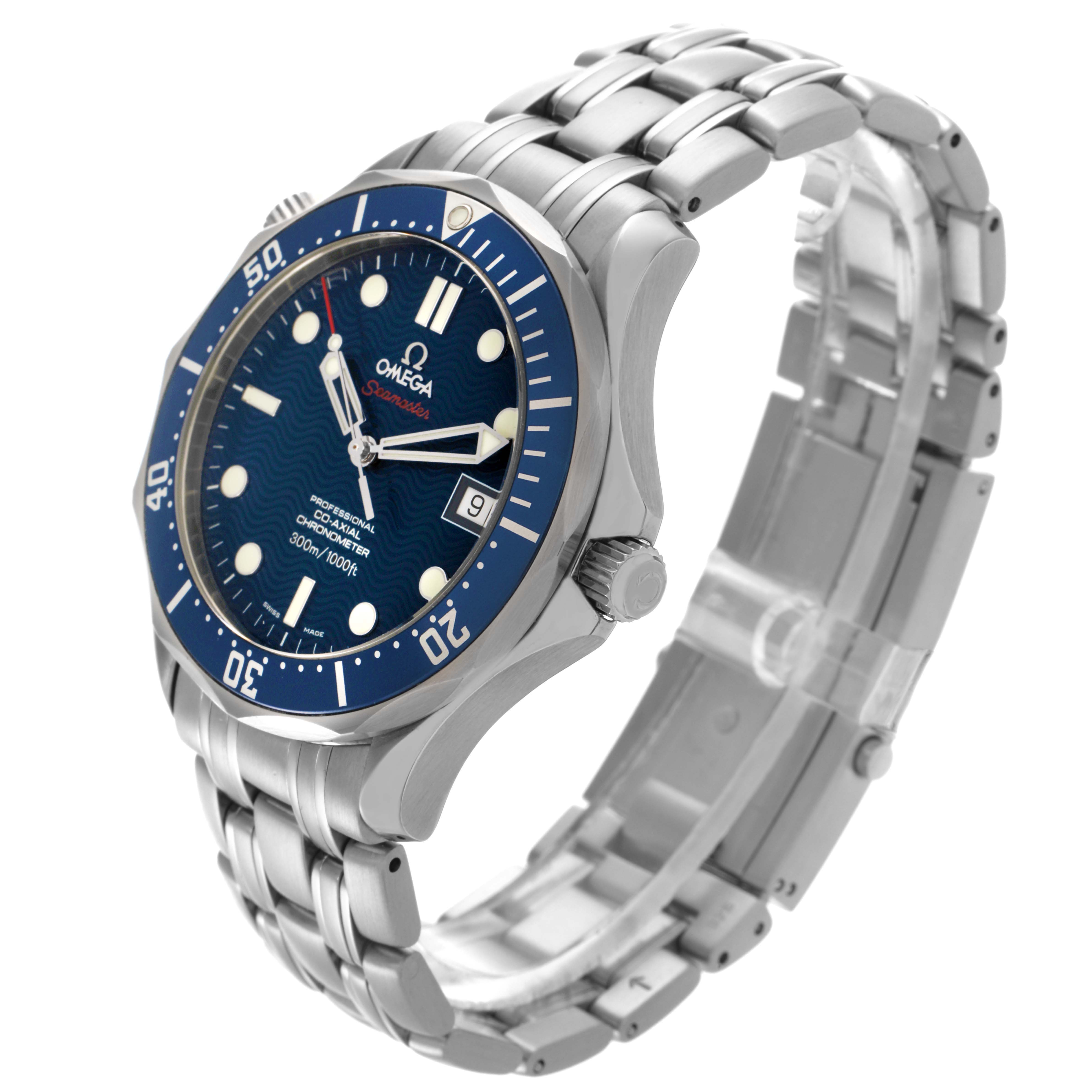 The Omega Seamaster 2220.80.00 Men
s Stainless Steel Blue Dial 2220.80.00 Men
s Stainless Steel Blue Dial watch is shown at a three-quarter angle, highlighting its face, bezel, crown, and bracelet.