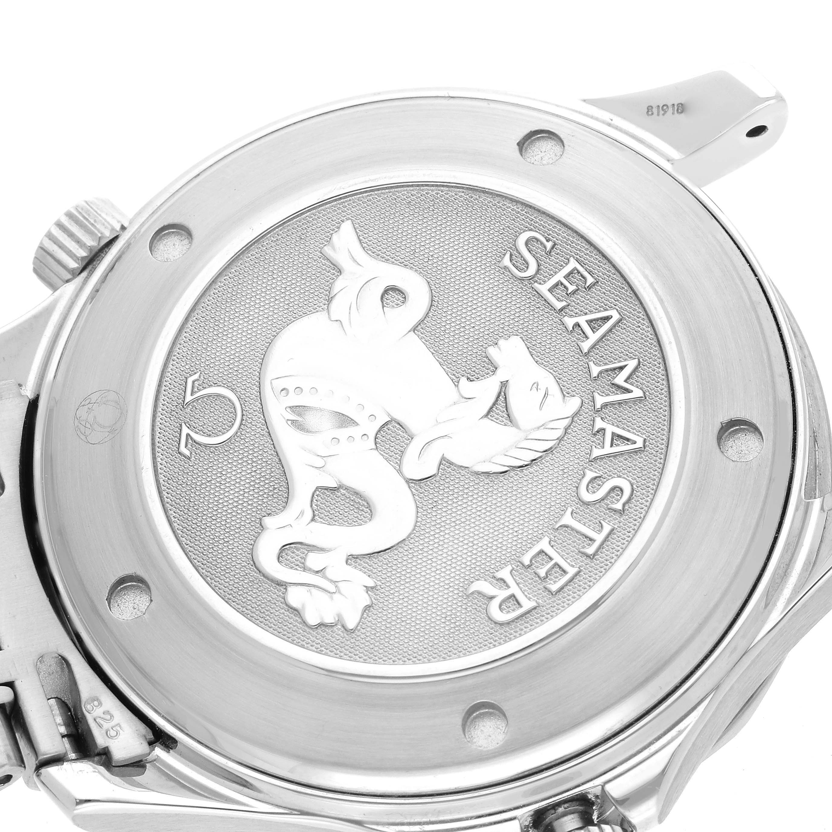 The image shows the back of an Omega Seamaster 2220.80.00 Men
s Stainless Steel Blue Dial 2220.80.00 Men
s Stainless Steel Blue Dial watch displaying the embossed logo and markings.