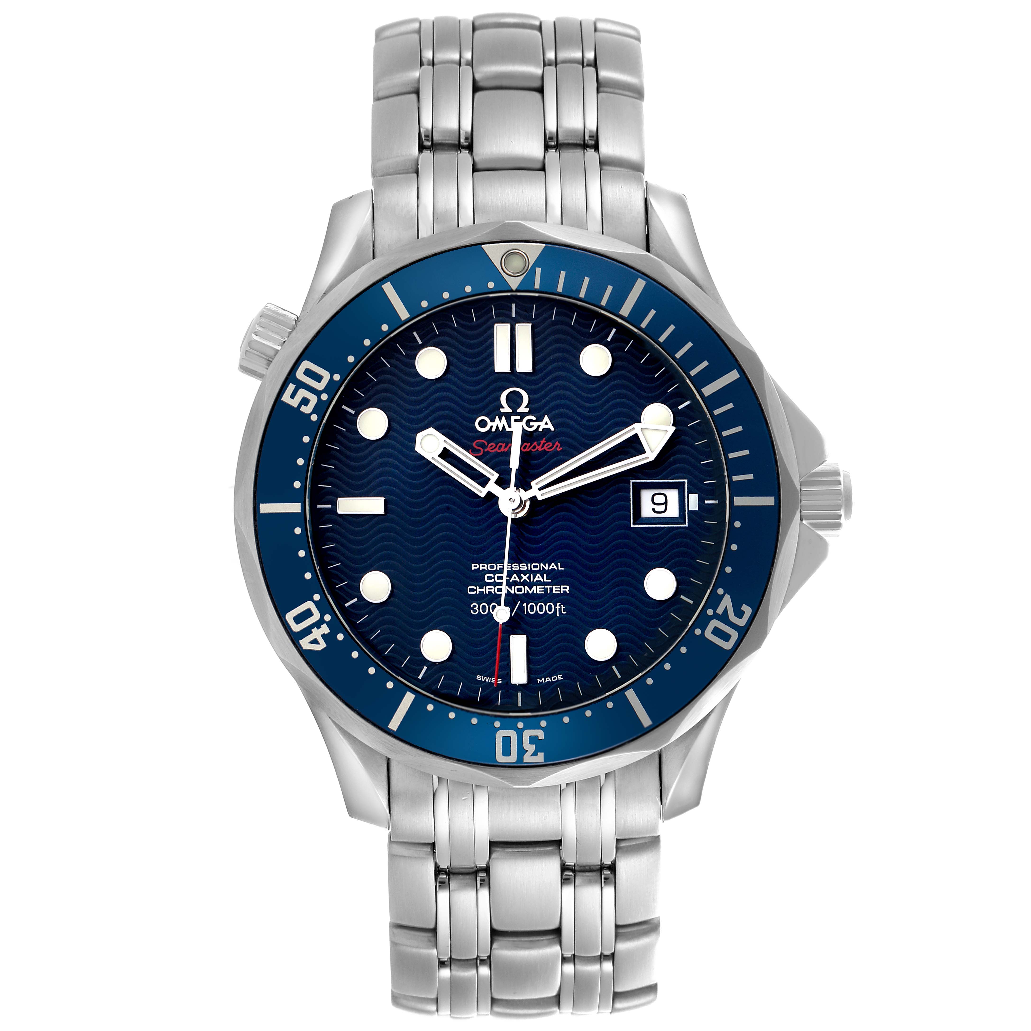 The Omega Seamaster 2220.80.00 Men
s Stainless Steel Blue Dial 2220.80.00 Men
s Stainless Steel Blue Dial watch is shown from a front angle, displaying the dial, bezel, bracelet, and crown.