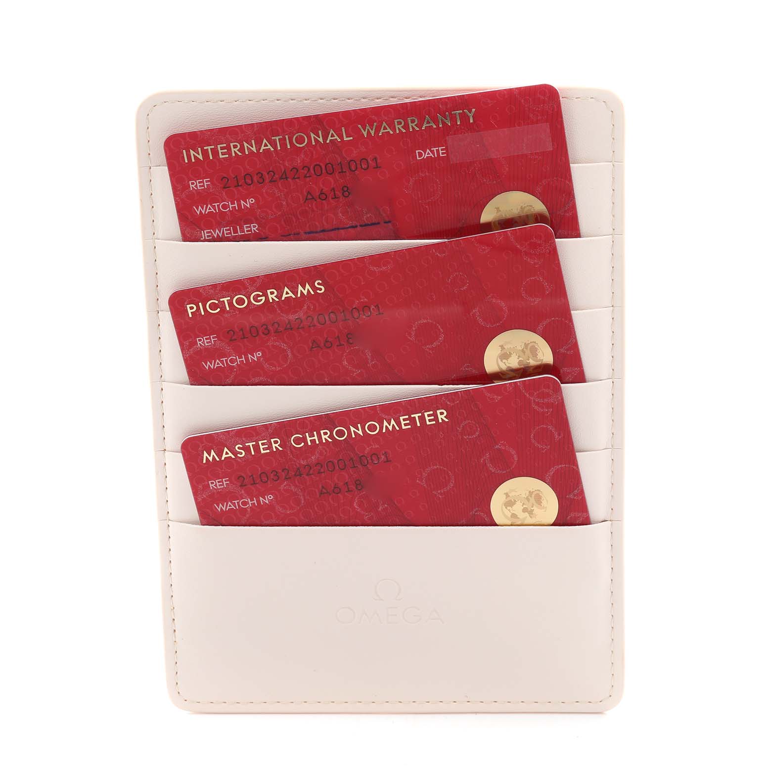 The image shows Omega Seamaster 210.32.42.20.01.001 Men's Stainless Steel Black Dial 210.32.42.20.01.001 Men's Stainless Steel Black Dial cards: International Warranty, Pictograms, and Master Chronometer, stored in a cardholder.