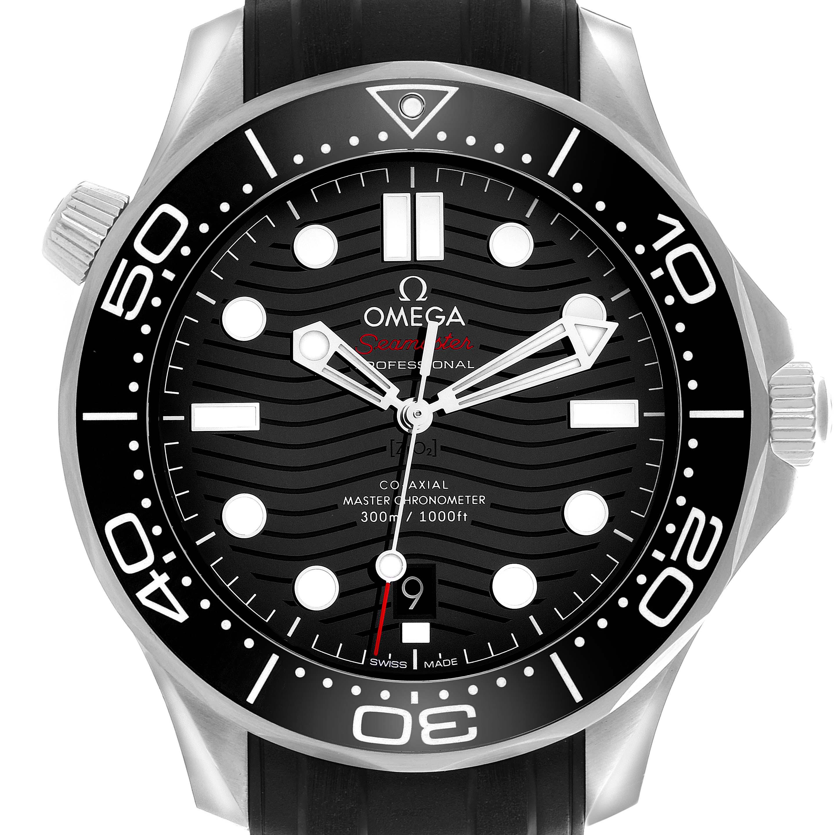 The Omega Seamaster 210.32.42.20.01.001 Men's Stainless Steel Black Dial 210.32.42.20.01.001 Men's Stainless Steel Black Dial watch is shown from the front, highlighting the face, bezel, and black rubber strap.