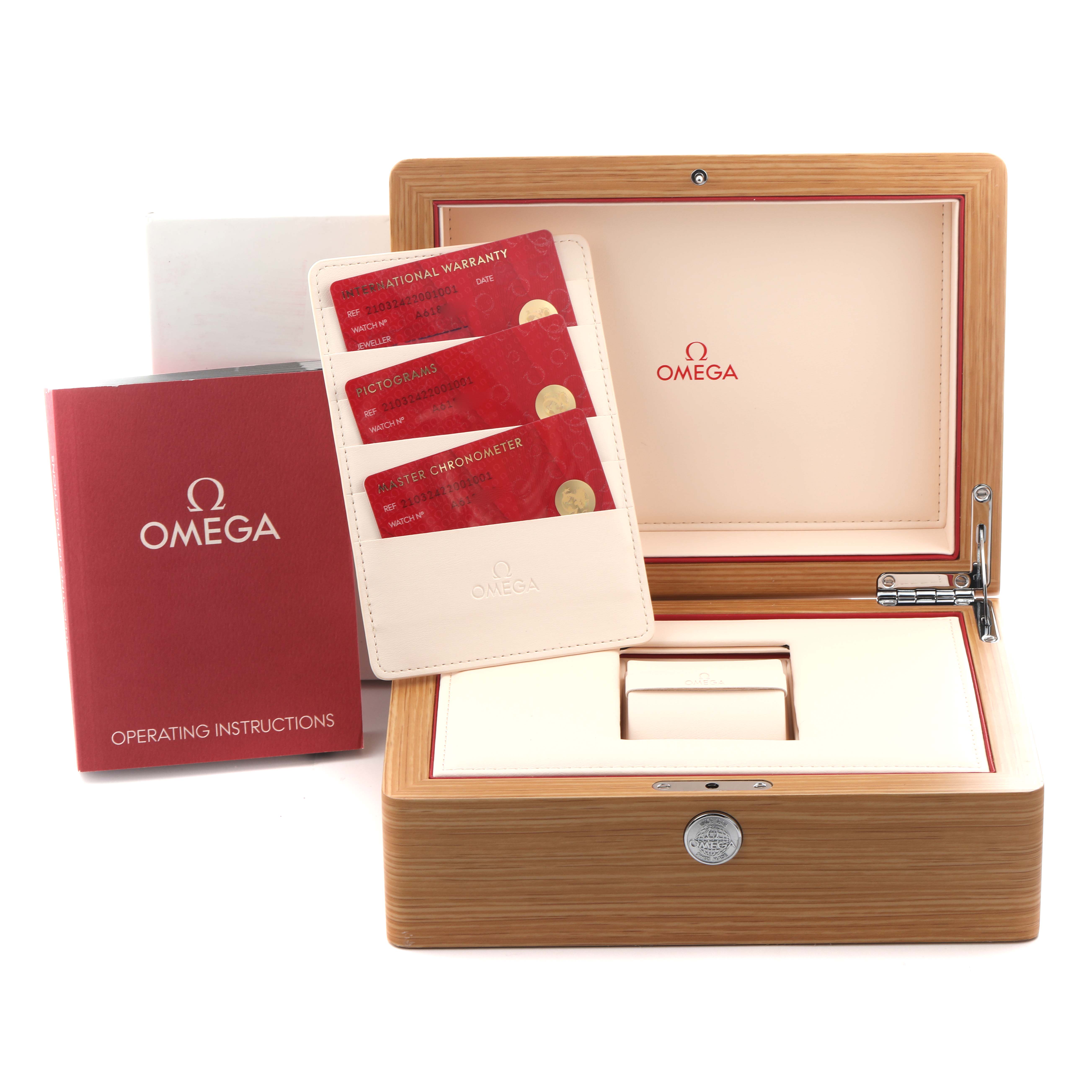 The image shows an open Omega Seamaster 210.32.42.20.01.001 Men's Stainless Steel Black Dial 210.32.42.20.01.001 Men's Stainless Steel Black Dial box with warranty cards and an instruction booklet.