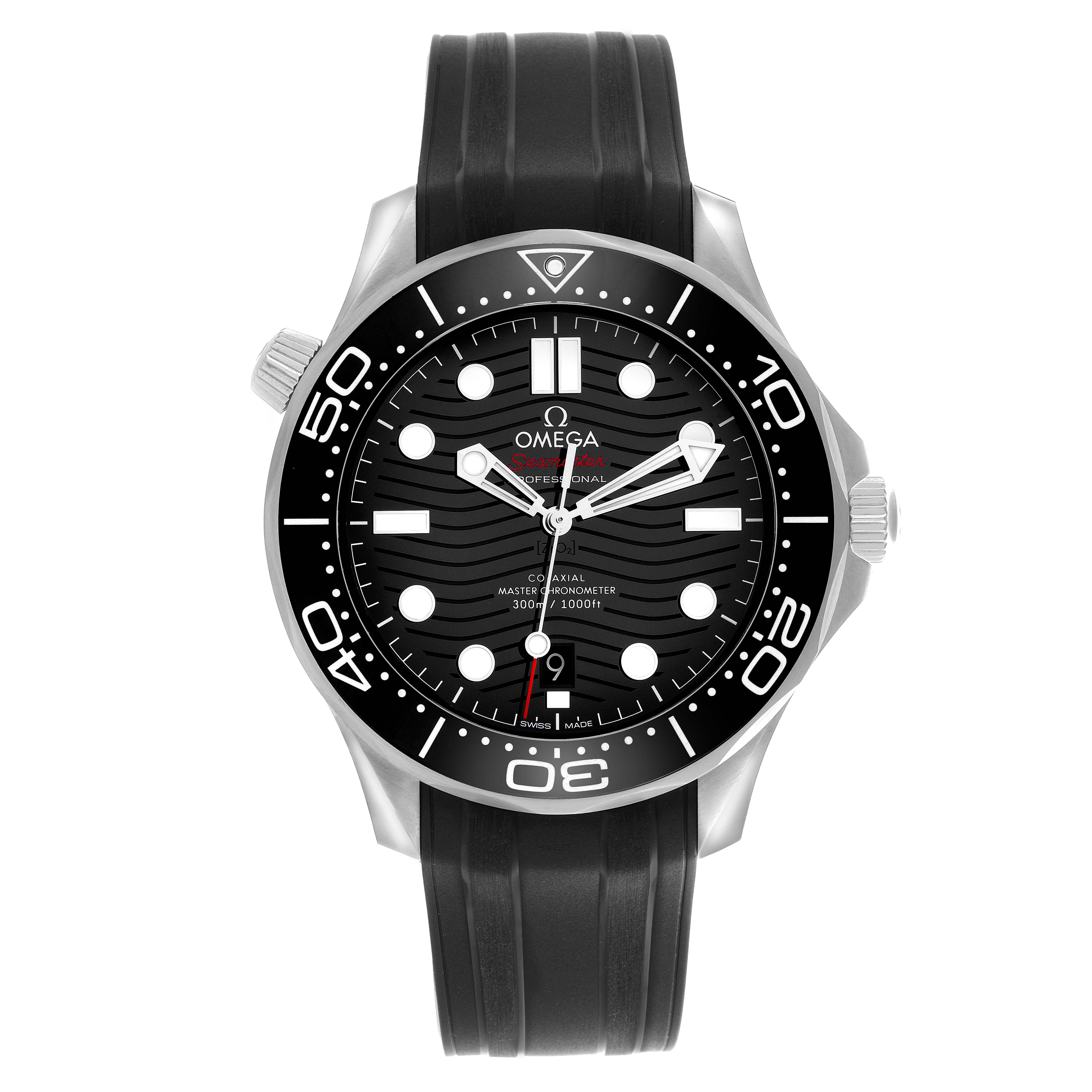 The Omega Seamaster 210.32.42.20.01.001 Men's Stainless Steel Black Dial 210.32.42.20.01.001 Men's Stainless Steel Black Dial watch is shown from the front, highlighting the face, bezel, crown, and strap.
