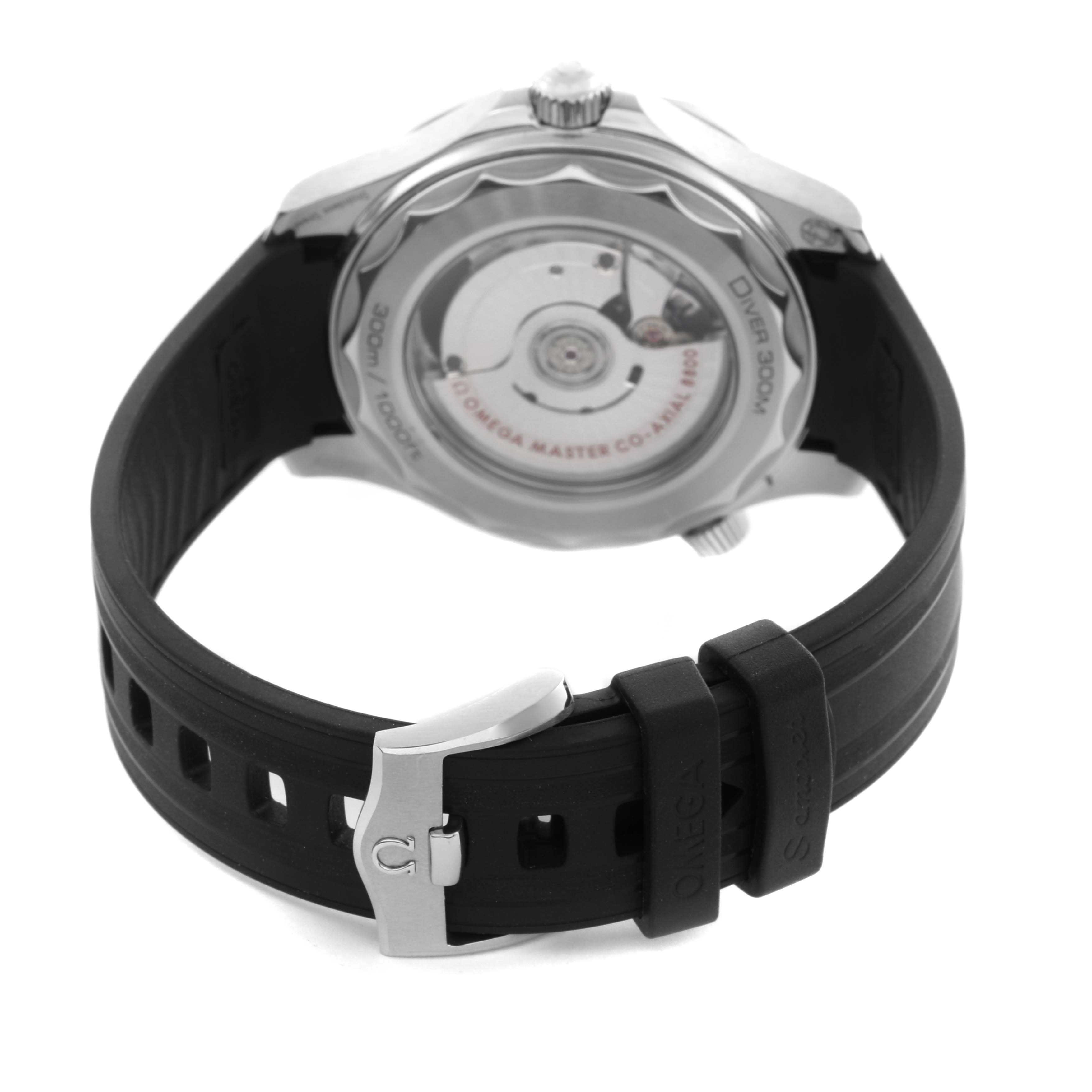 The image shows the back of the Omega Seamaster 210.32.42.20.01.001 Men's Stainless Steel Black Dial 210.32.42.20.01.001 Men's Stainless Steel Black Dial, highlighting the movement and the rubber strap with a clasp.