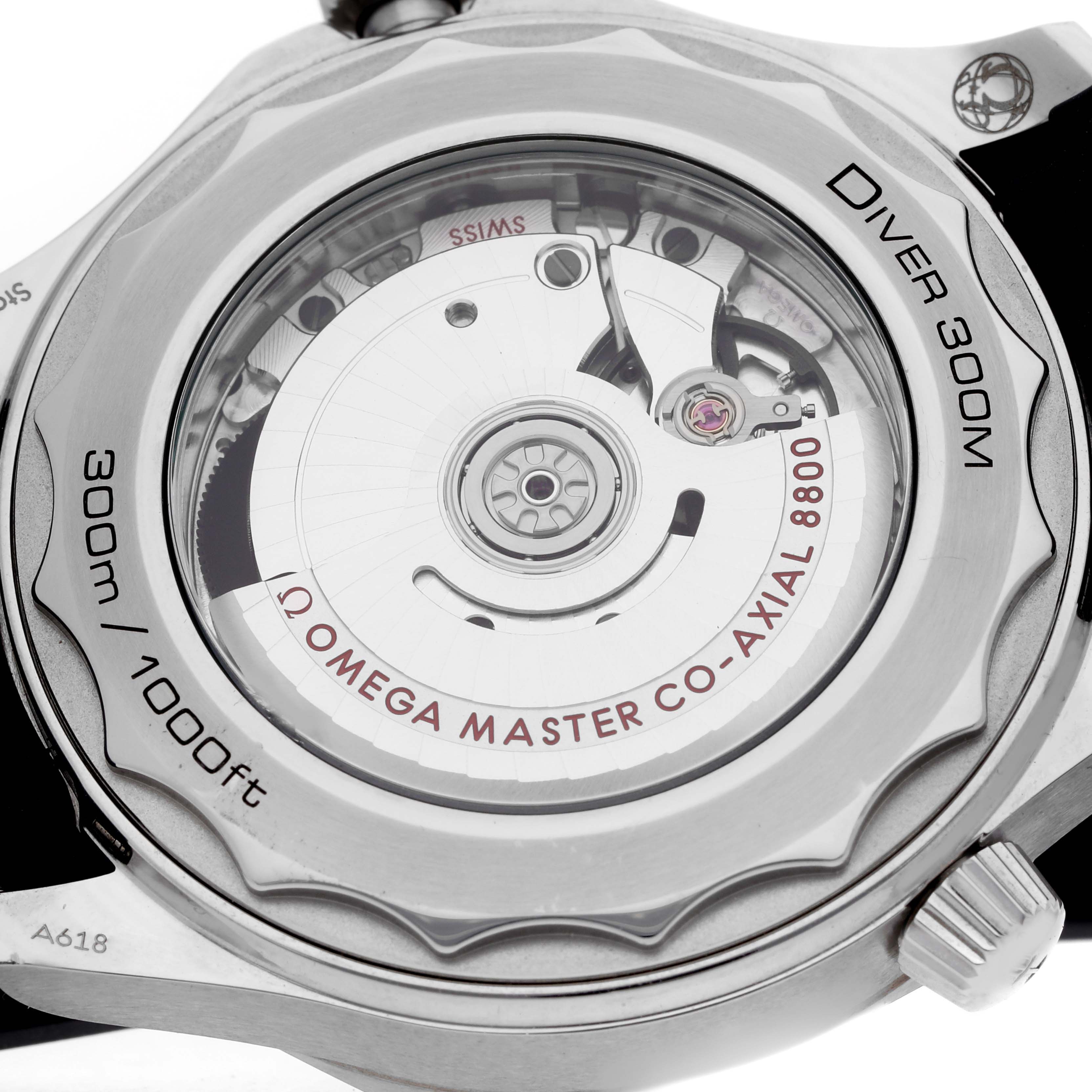 The image shows the exhibition case back of the Omega Seamaster 210.32.42.20.01.001 Men's Stainless Steel Black Dial 210.32.42.20.01.001 Men's Stainless Steel Black Dial, revealing the movement and inscriptions, including "Diver 300M."