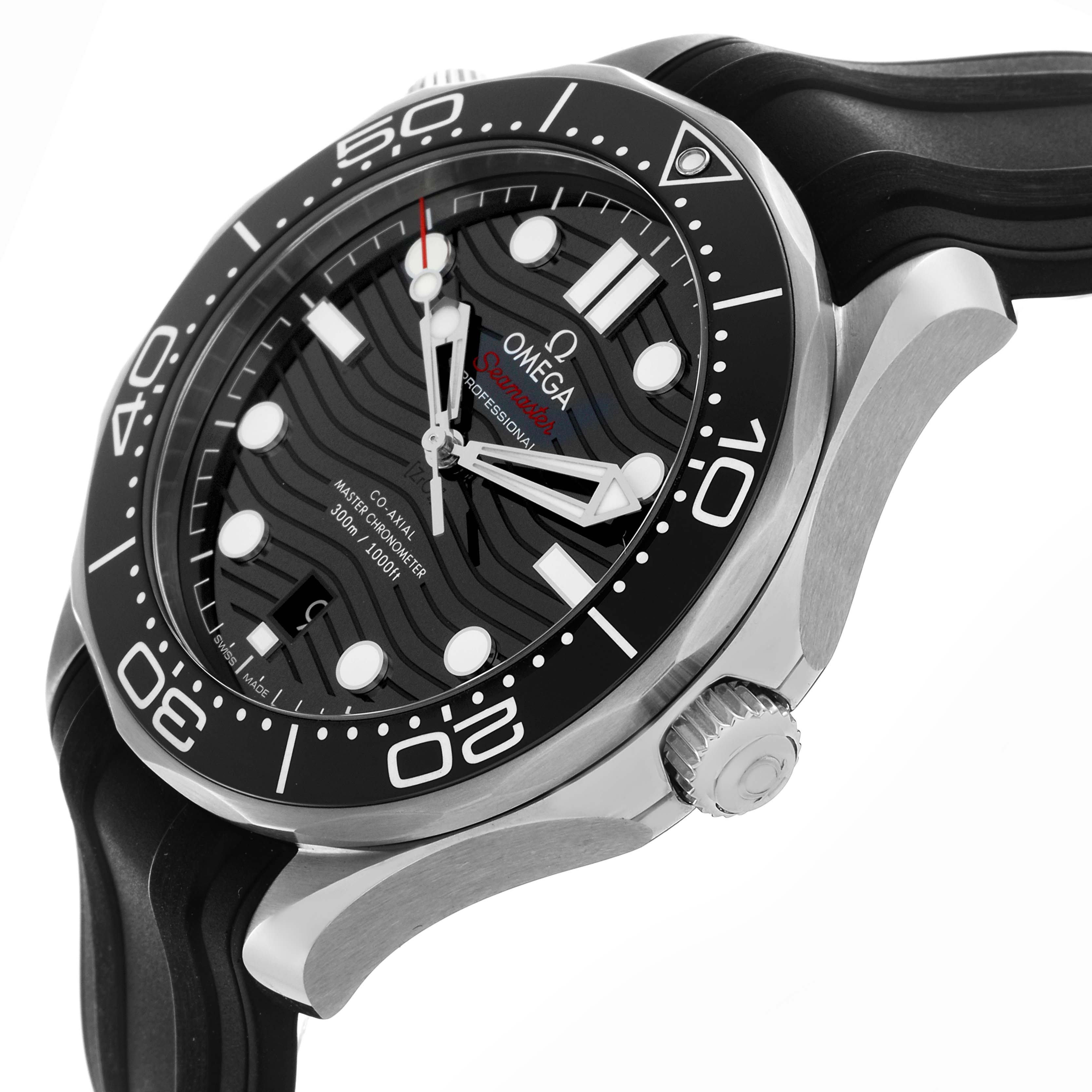 The Omega Seamaster 210.32.42.20.01.001 Men's Stainless Steel Black Dial 210.32.42.20.01.001 Men's Stainless Steel Black Dial watch is shown at a side angle, highlighting the bezel, crown, and rubber strap.