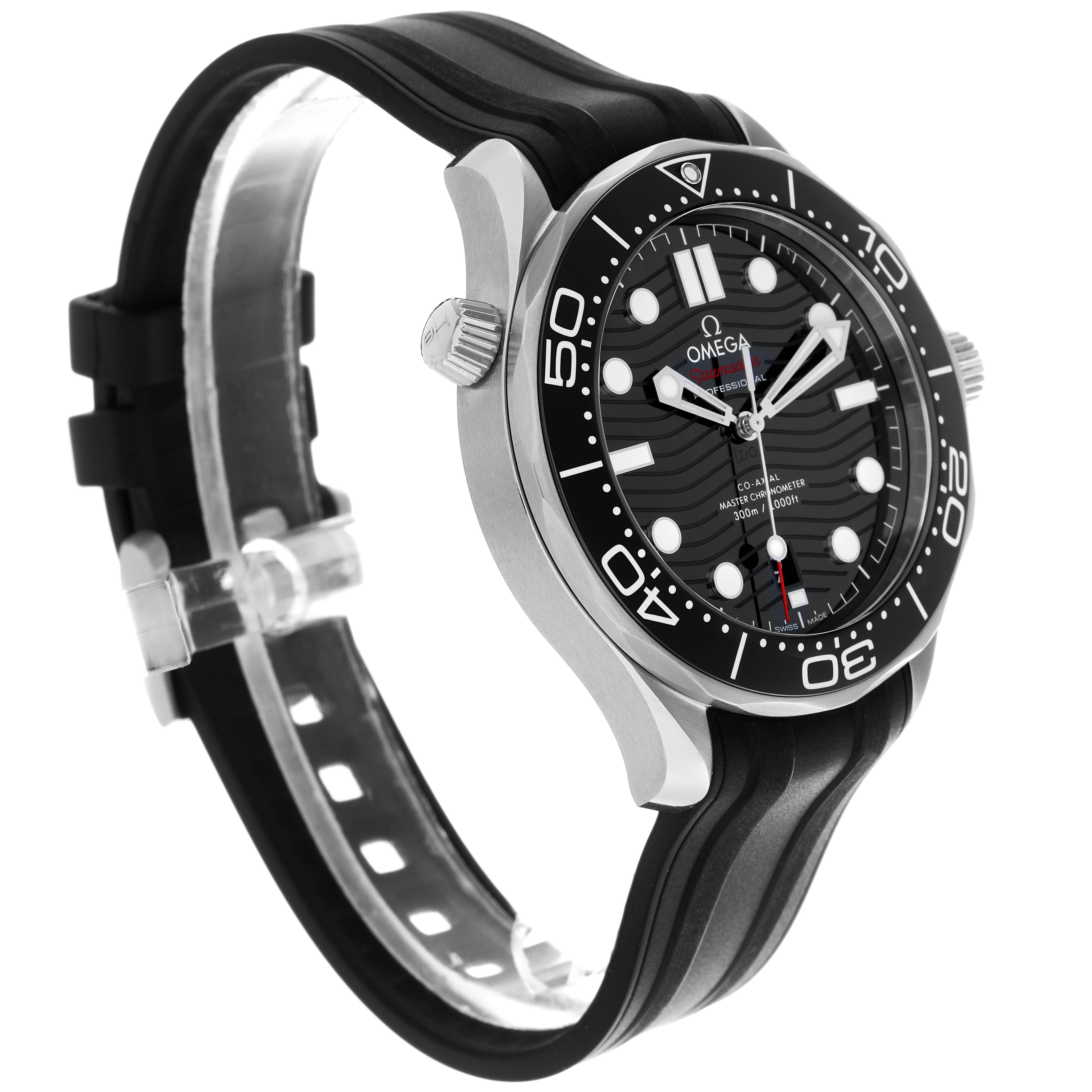 The image shows a side and angled view of the Omega Seamaster 210.32.42.20.01.001 Men's Stainless Steel Black Dial 210.32.42.20.01.001 Men's Stainless Steel Black Dial watch, highlighting the face, bezel, crown, and strap.