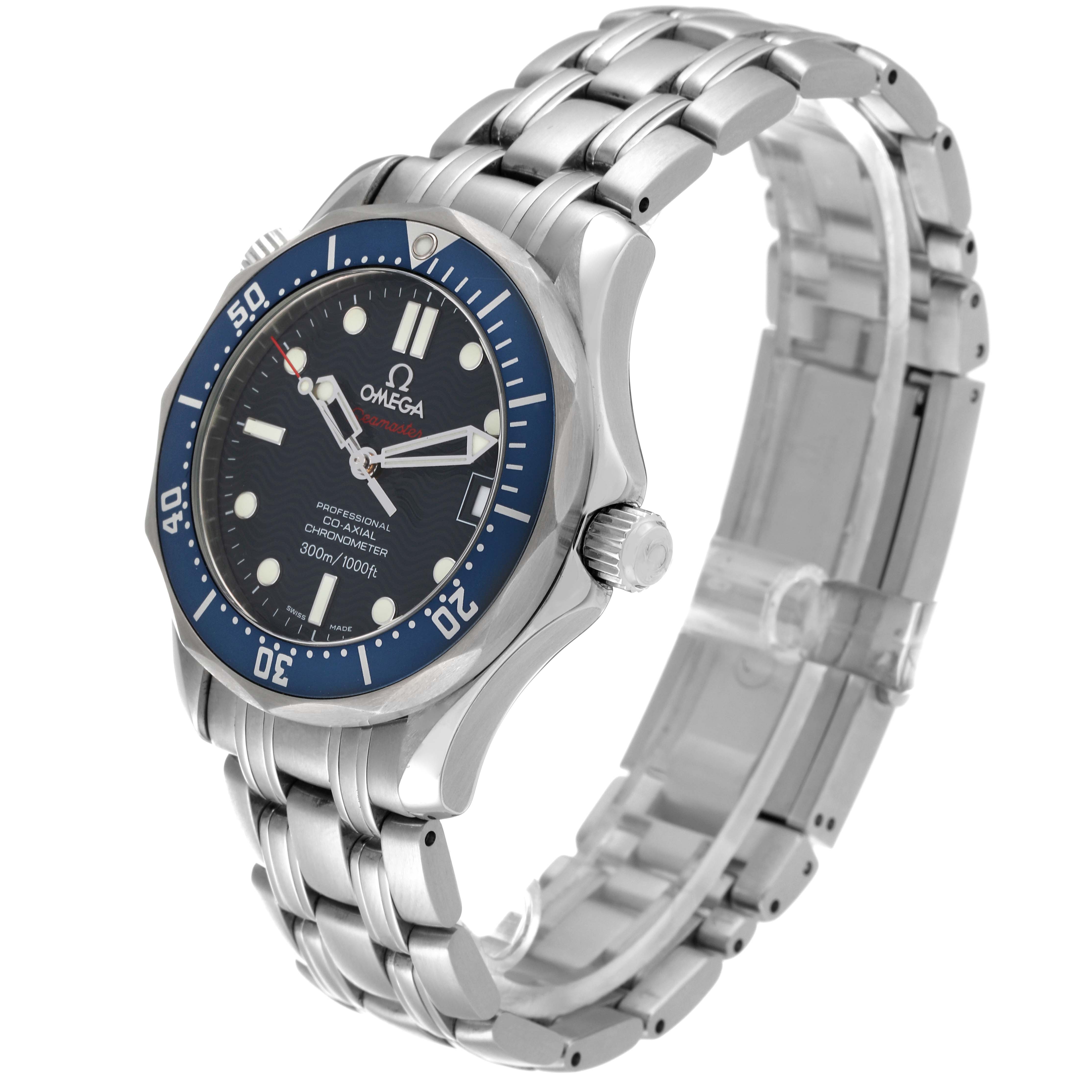 The image shows the Omega Seamaster 2222.80.00 Men's Stainless Steel Blue Dial 2222.80.00 Men's Stainless Steel Blue Dial watch at a three-quarter angle highlighting the dial, bezel, crown, and metal bracelet.