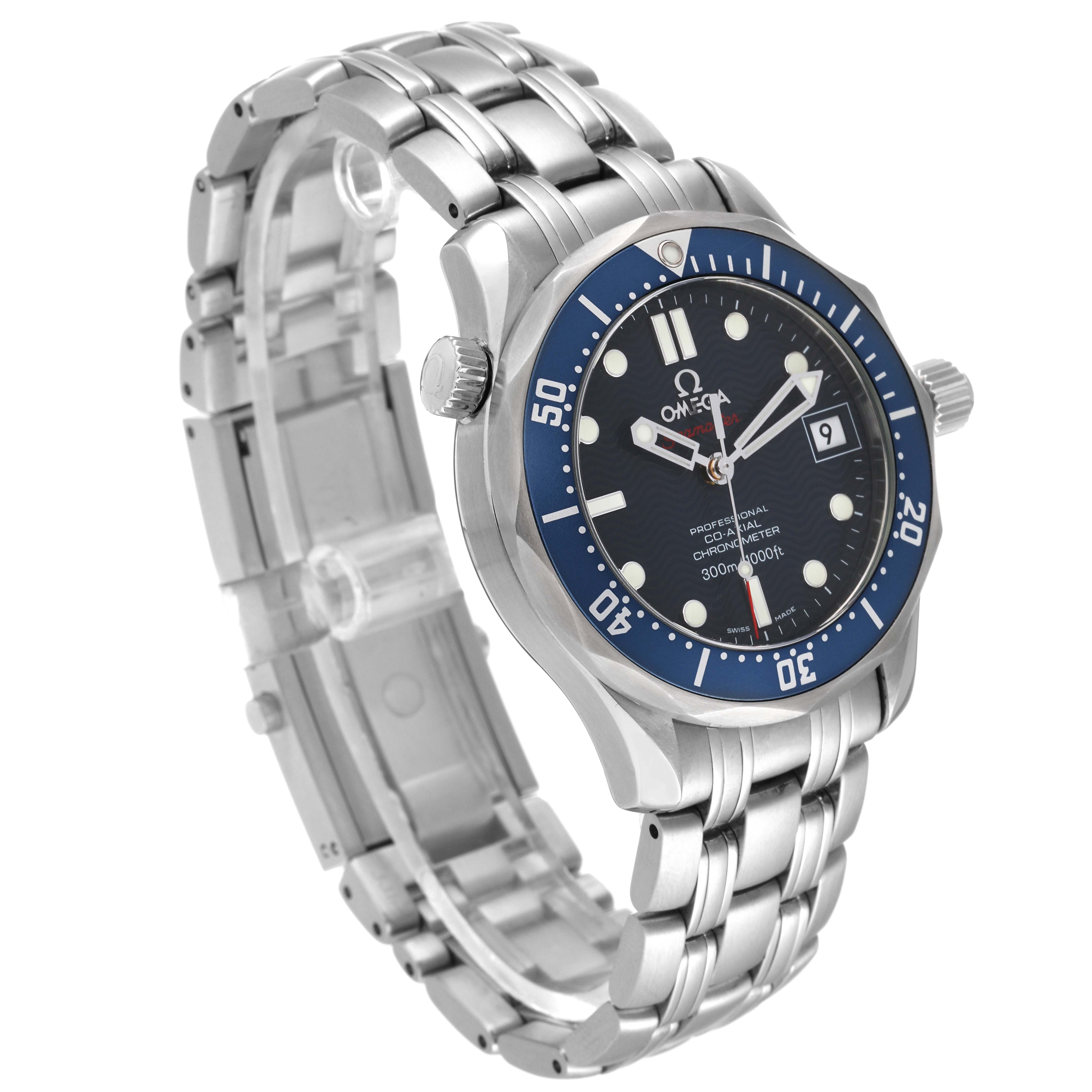 The image shows the Omega Seamaster 2222.80.00 Men's Stainless Steel Blue Dial 2222.80.00 Men's Stainless Steel Blue Dial watch at a three-quarter angle, showcasing its face, bezel, crown, and partial bracelet.