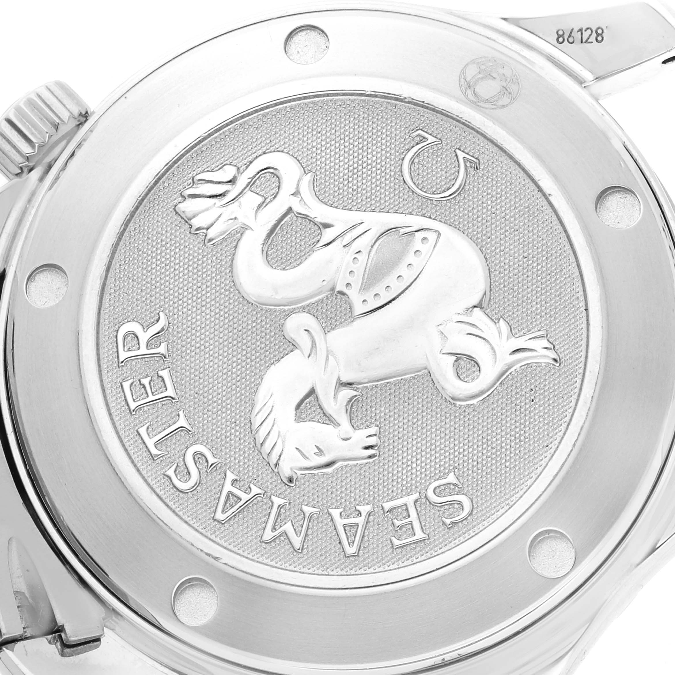 The image shows the case back of an Omega Seamaster 2222.80.00 Men's Stainless Steel Blue Dial 2222.80.00 Men's Stainless Steel Blue Dial watch with its emblem and branding visible.