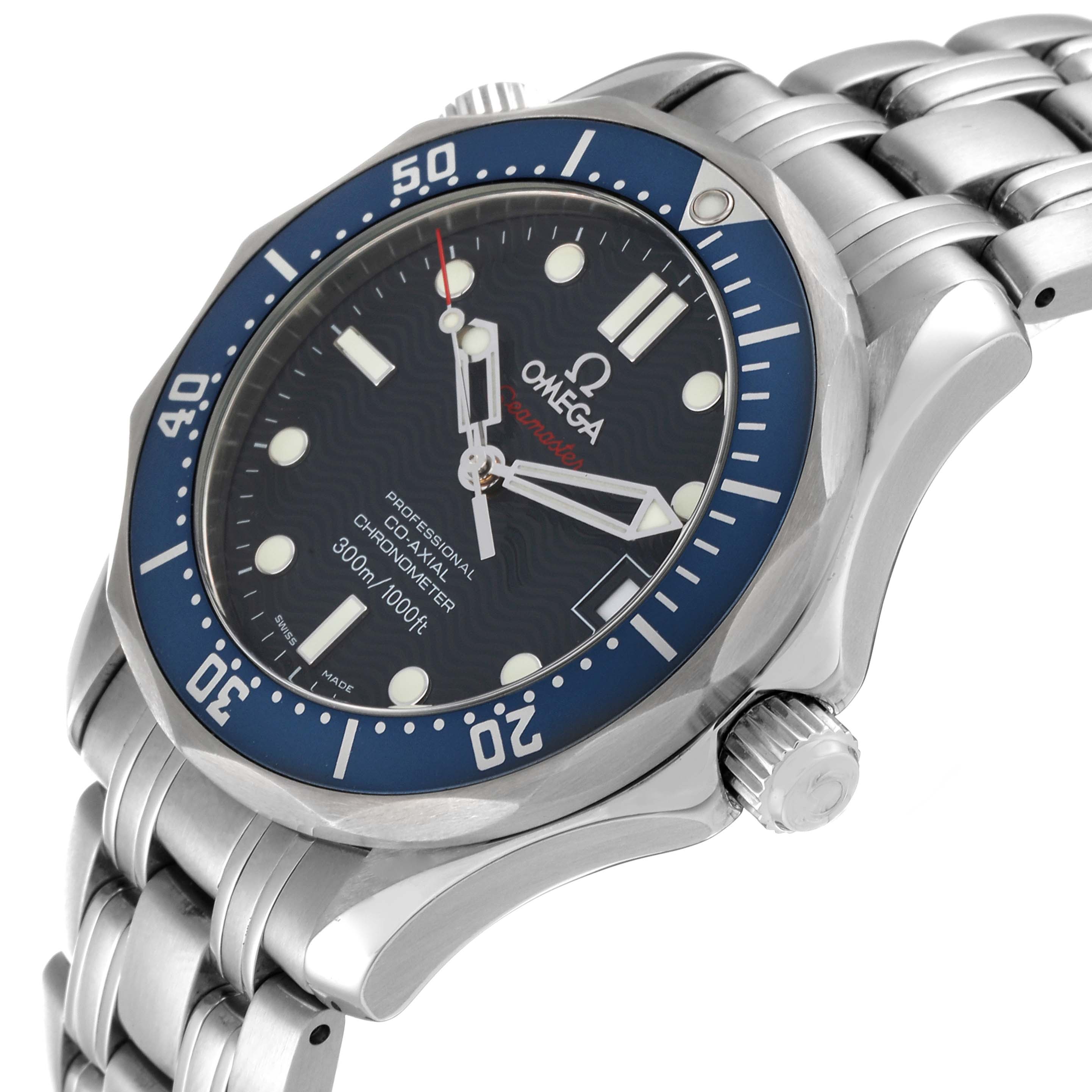 The Omega Seamaster 2222.80.00 Men's Stainless Steel Blue Dial 2222.80.00 Men's Stainless Steel Blue Dial watch is shown at a slight angle, displaying the face, bezel, crown, and part of the bracelet.