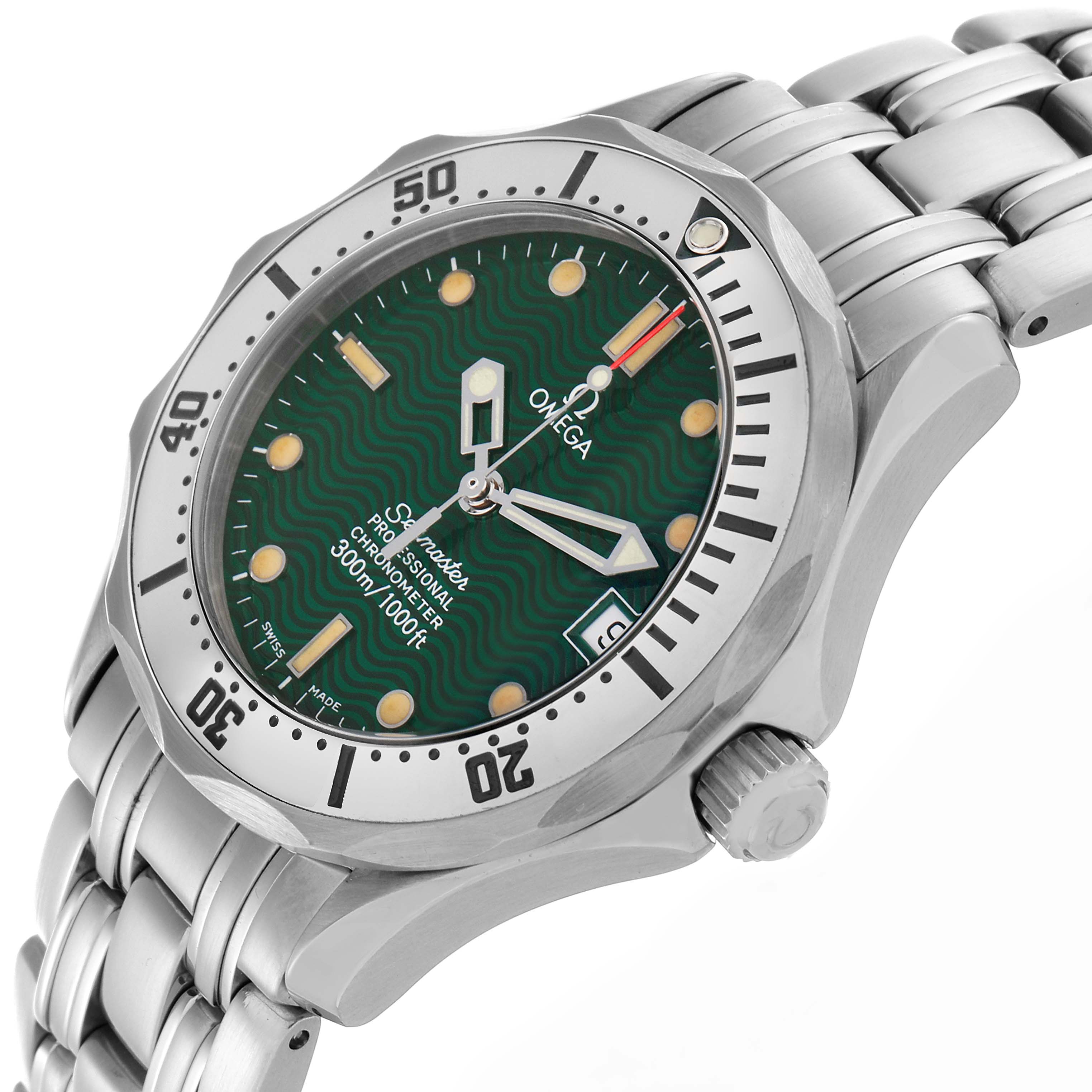 The Omega Seamaster 2553.41.00 Men's Stainless Steel Green Dial 2553.41.00 Men's Stainless Steel Green Dial watch is shown at an angled view, highlighting the green dial, bezel, and stainless steel bracelet.