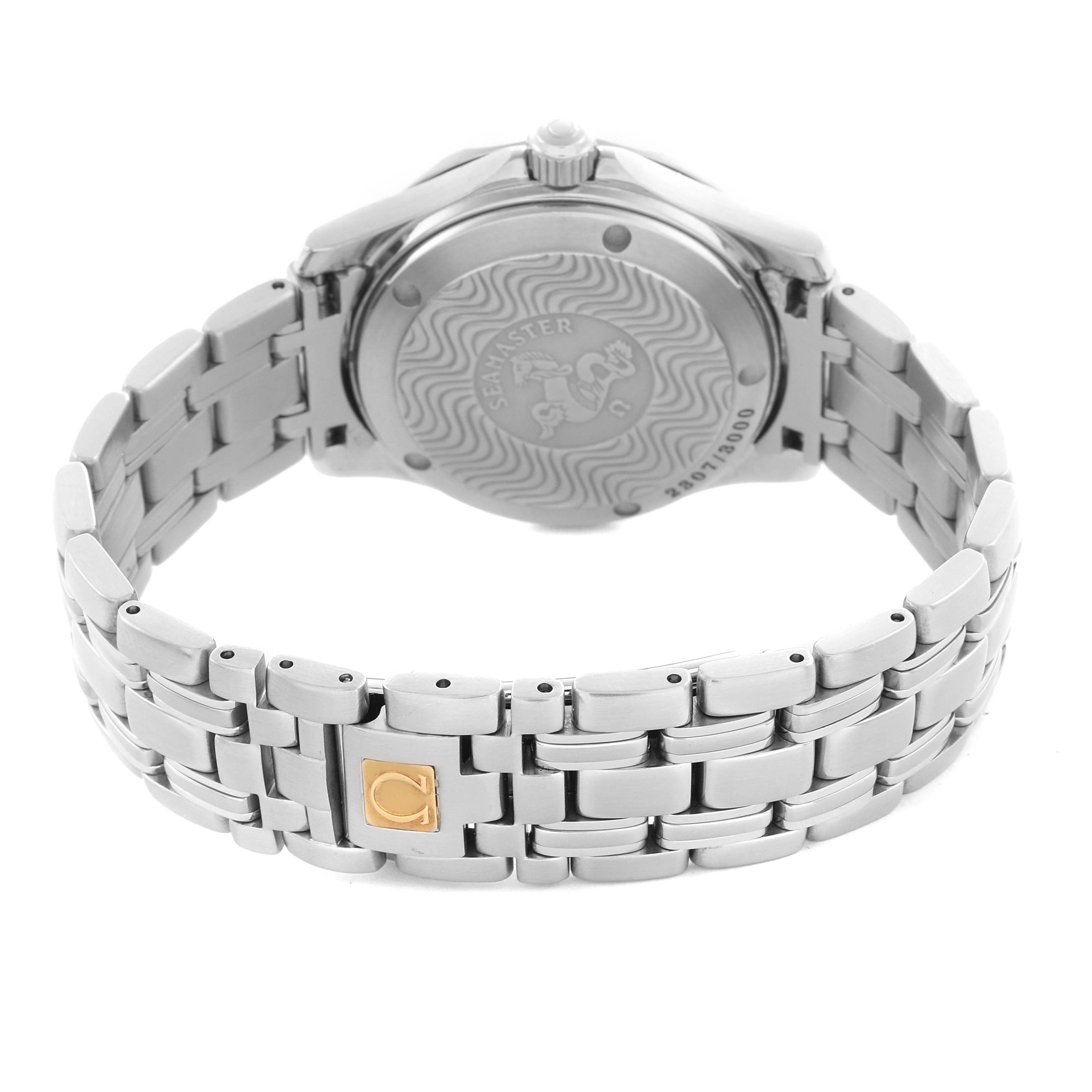 The image shows the back view of an Omega Seamaster 2553.41.00 Men's Stainless Steel Green Dial 2553.41.00 Men's Stainless Steel Green Dial watch, highlighting the case back and bracelet.