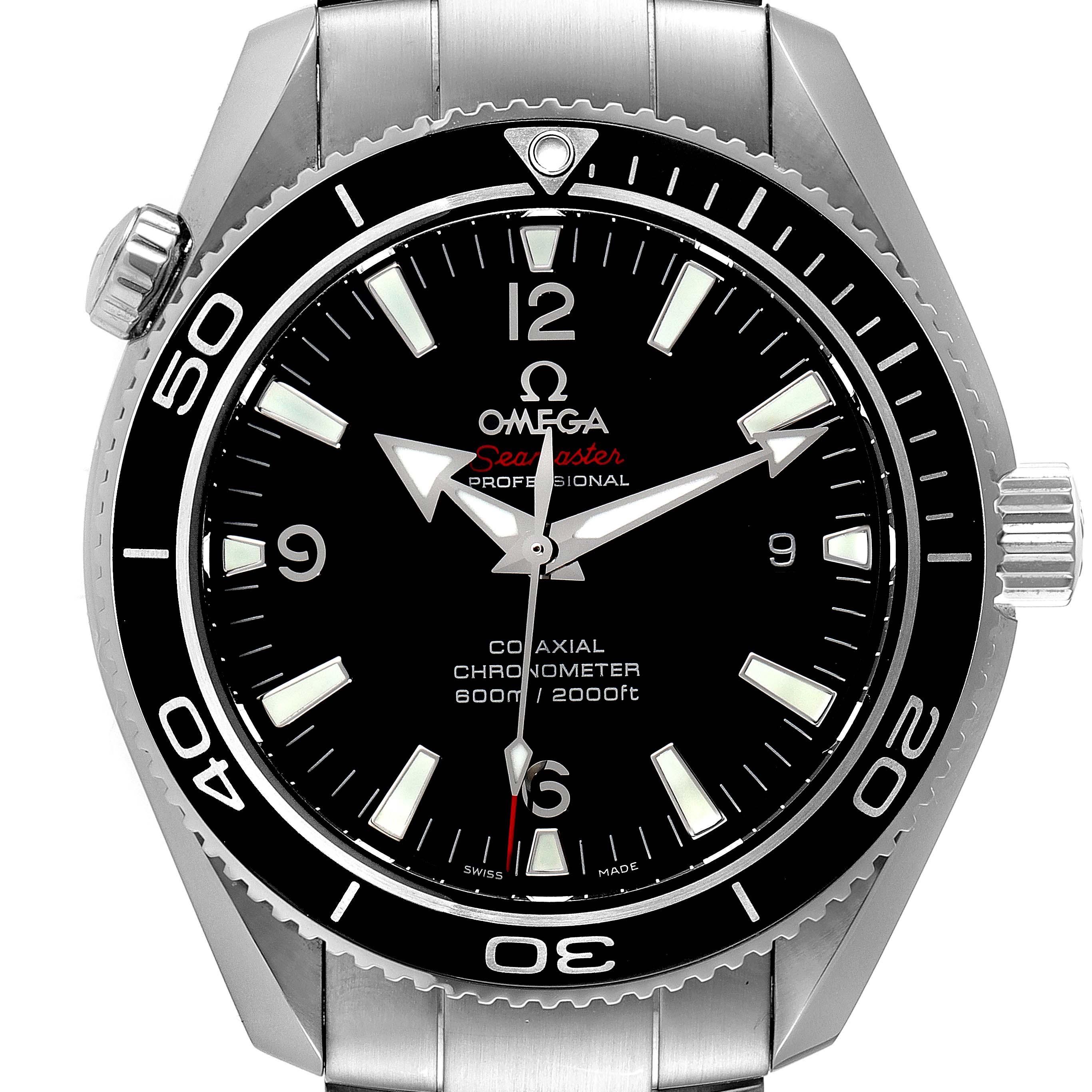 This image shows a frontal view of an Omega Seamaster Planet Ocean watch, highlighting its dial, bezel, and crown.
