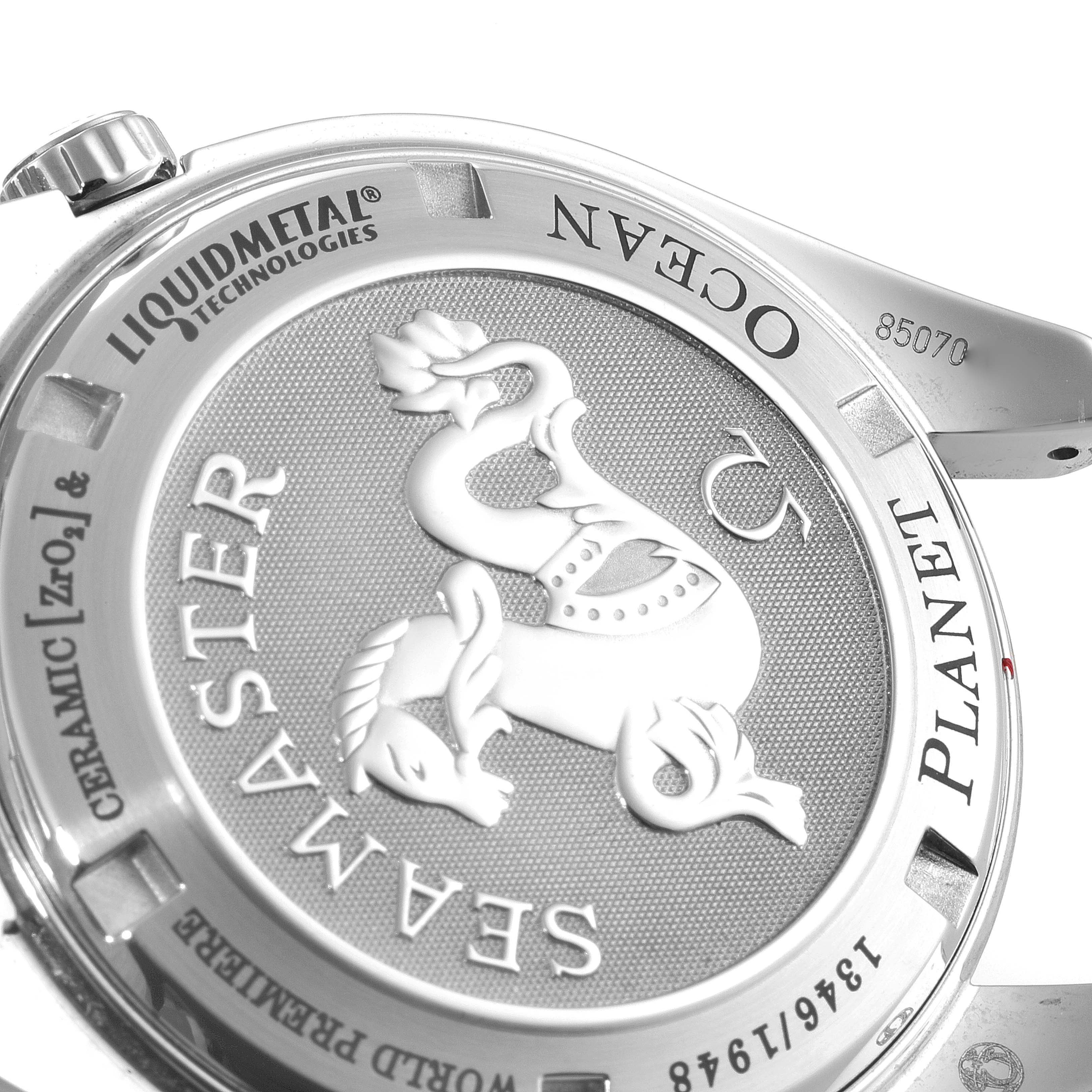 The image shows the back of an Omega Planet Ocean 222.30.42.20.01.001 Men
s Stainless Steel Black Dial 222.30.42.20.01.001 Men
s Stainless Steel Black Dial watch, highlighting the "Seamaster" logo and Liquidmetal® technologies.