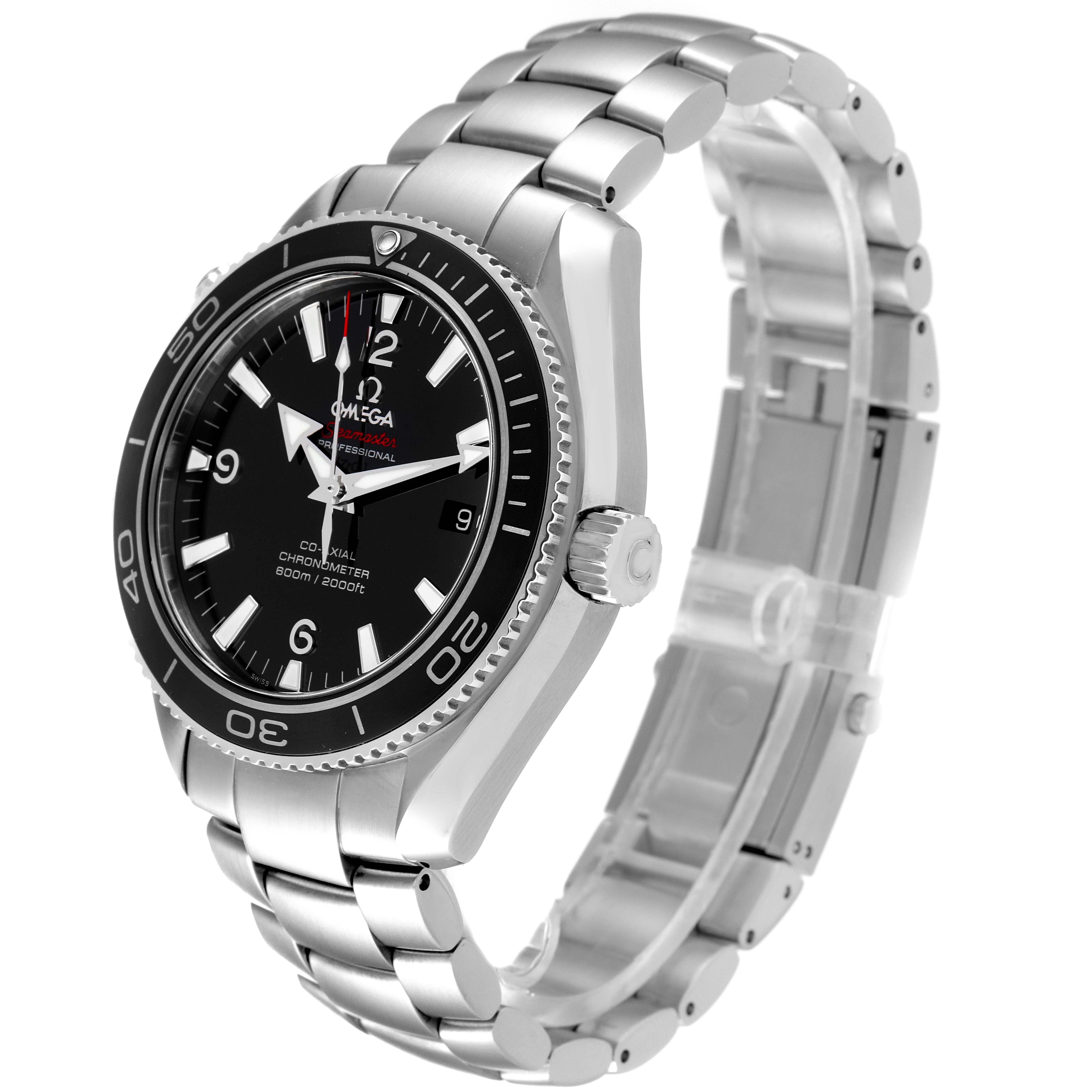 The image shows a side angle view of an Omega Planet Ocean 222.30.42.20.01.001 Men
s Stainless Steel Black Dial 222.30.42.20.01.001 Men
s Stainless Steel Black Dial watch, highlighting the stainless steel bracelet, bezel, and crown.