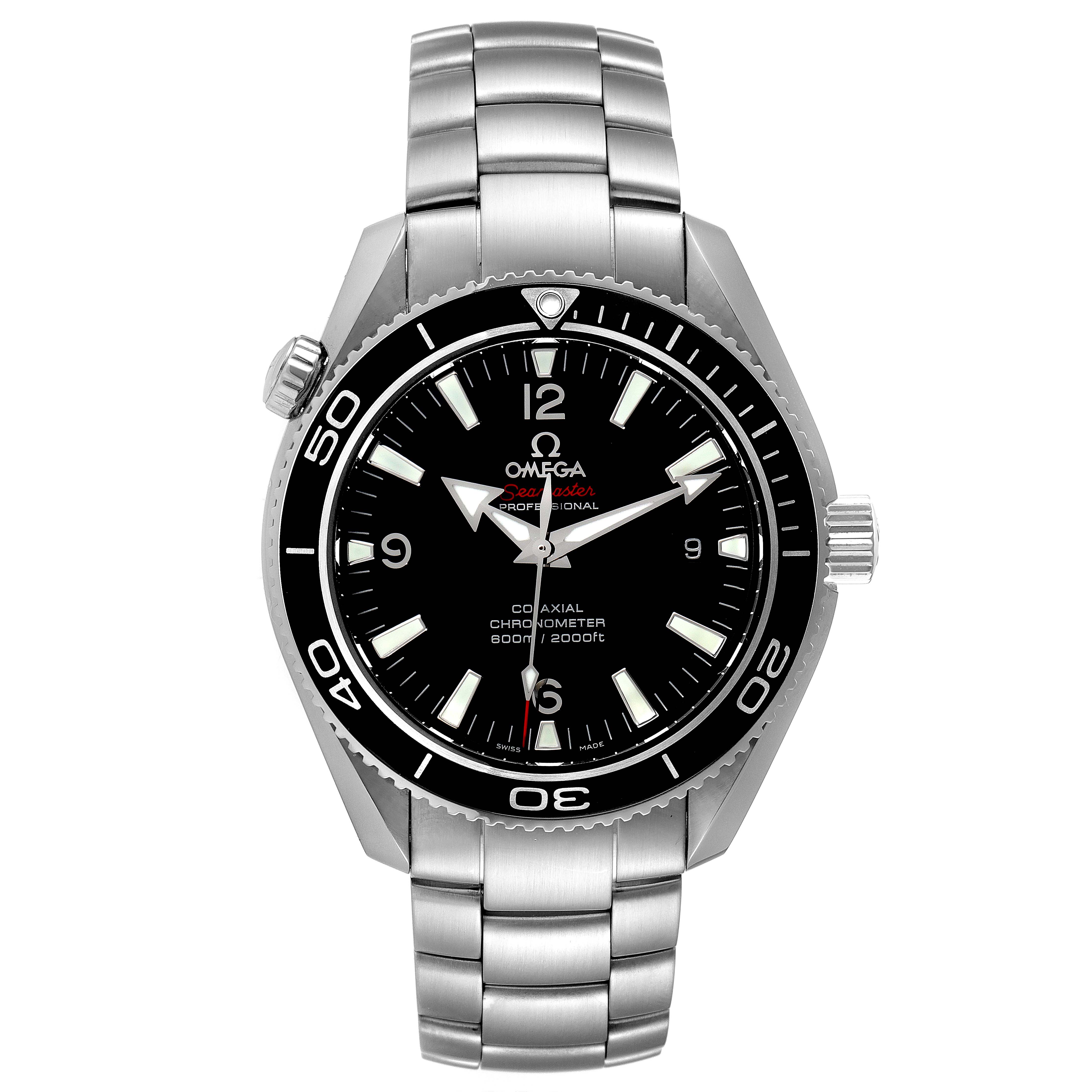The image shows a front view of the Omega Planet Ocean 222.30.42.20.01.001 Men
s Stainless Steel Black Dial 222.30.42.20.01.001 Men
s Stainless Steel Black Dial watch, featuring its stainless steel band, black dial, and bezel.