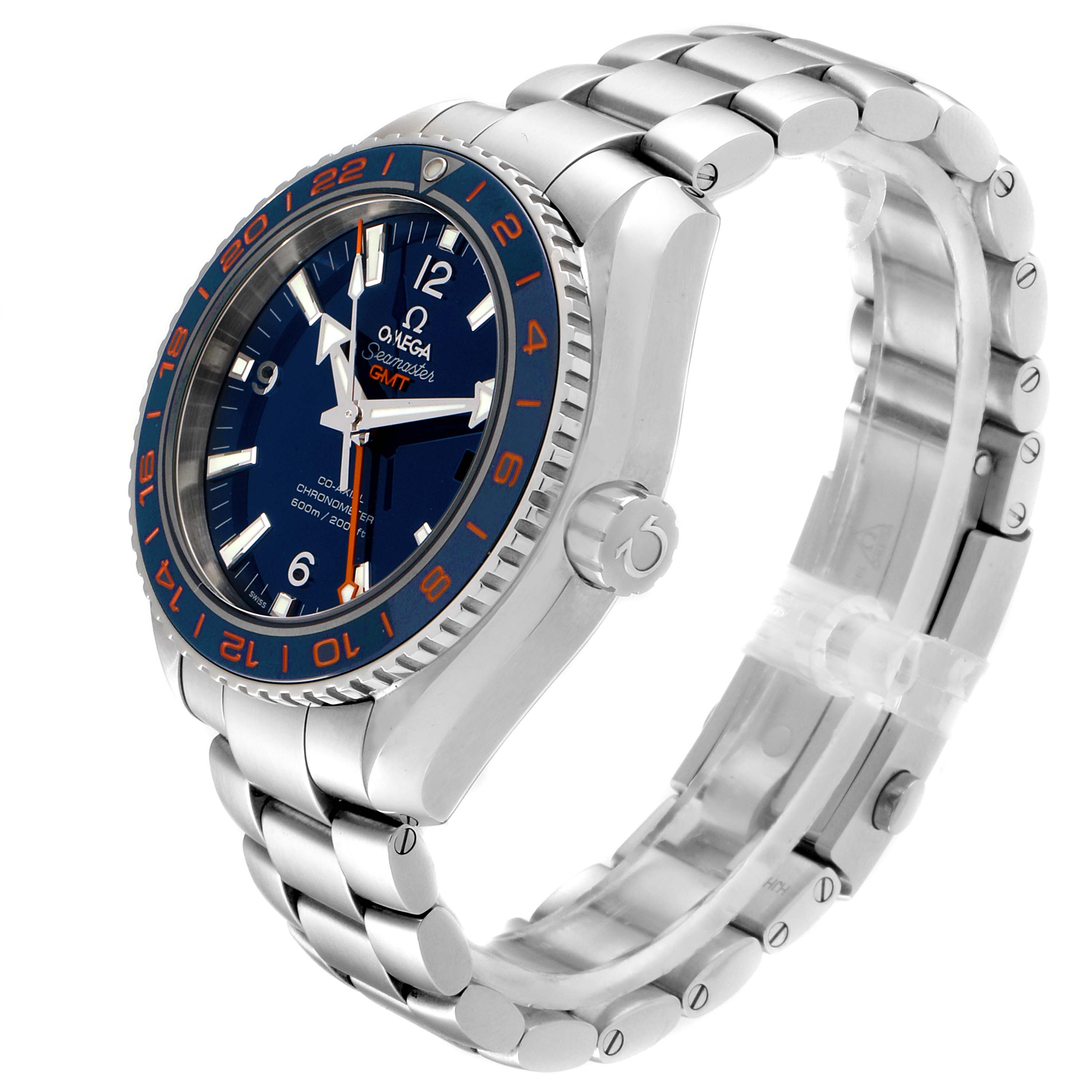 This image shows an angled view of an Omega Planet Ocean 232.30.44.22.03.001 Men's Stainless Steel Blue Dial 232.30.44.22.03.001 Men's Stainless Steel Blue Dial watch featuring its stainless steel case, crown, and bracelet along with the bezel and dial.