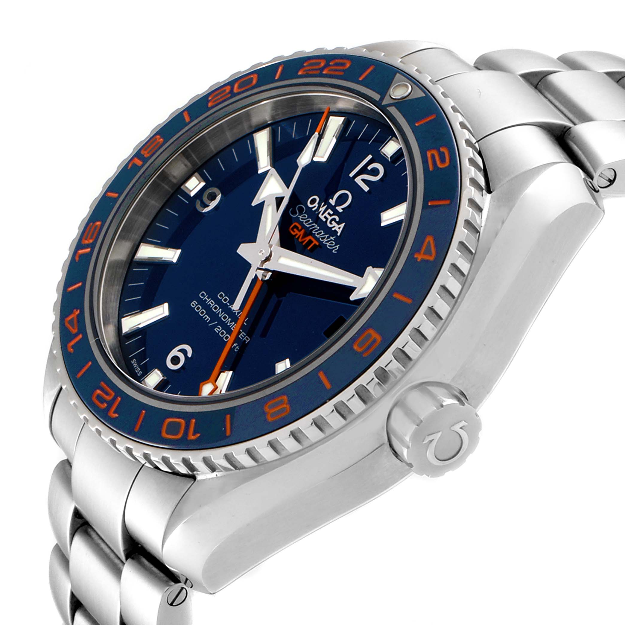 The image shows an angled side view of the Omega Planet Ocean 232.30.44.22.03.001 Men's Stainless Steel Blue Dial 232.30.44.22.03.001 Men's Stainless Steel Blue Dial watch, highlighting its dial, bezel, crown, and bracelet.