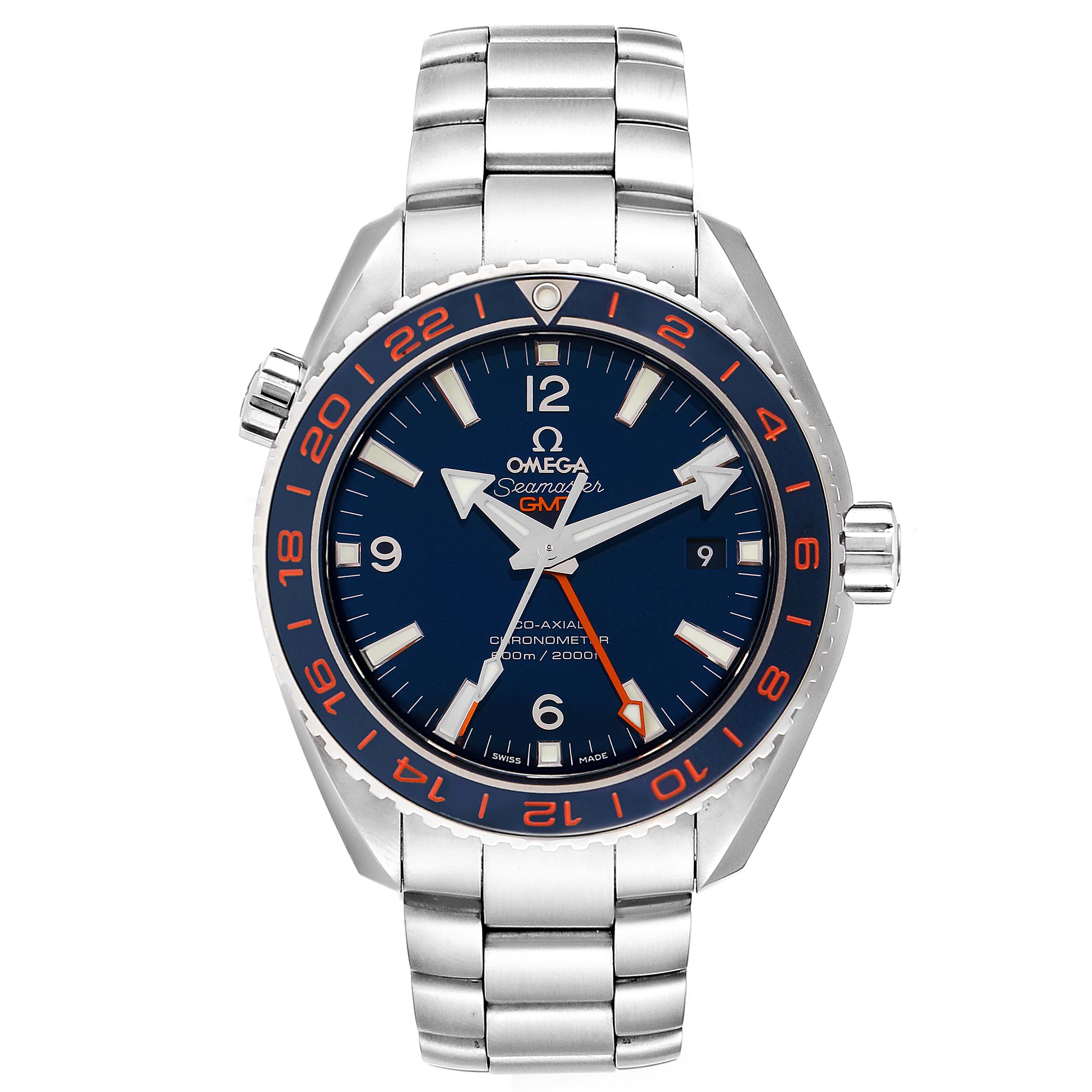 The image shows a front view of the Omega Planet Ocean 232.30.44.22.03.001 Men's Stainless Steel Blue Dial 232.30.44.22.03.001 Men's Stainless Steel Blue Dial Seamaster watch displaying its face, bezel, and bracelet.