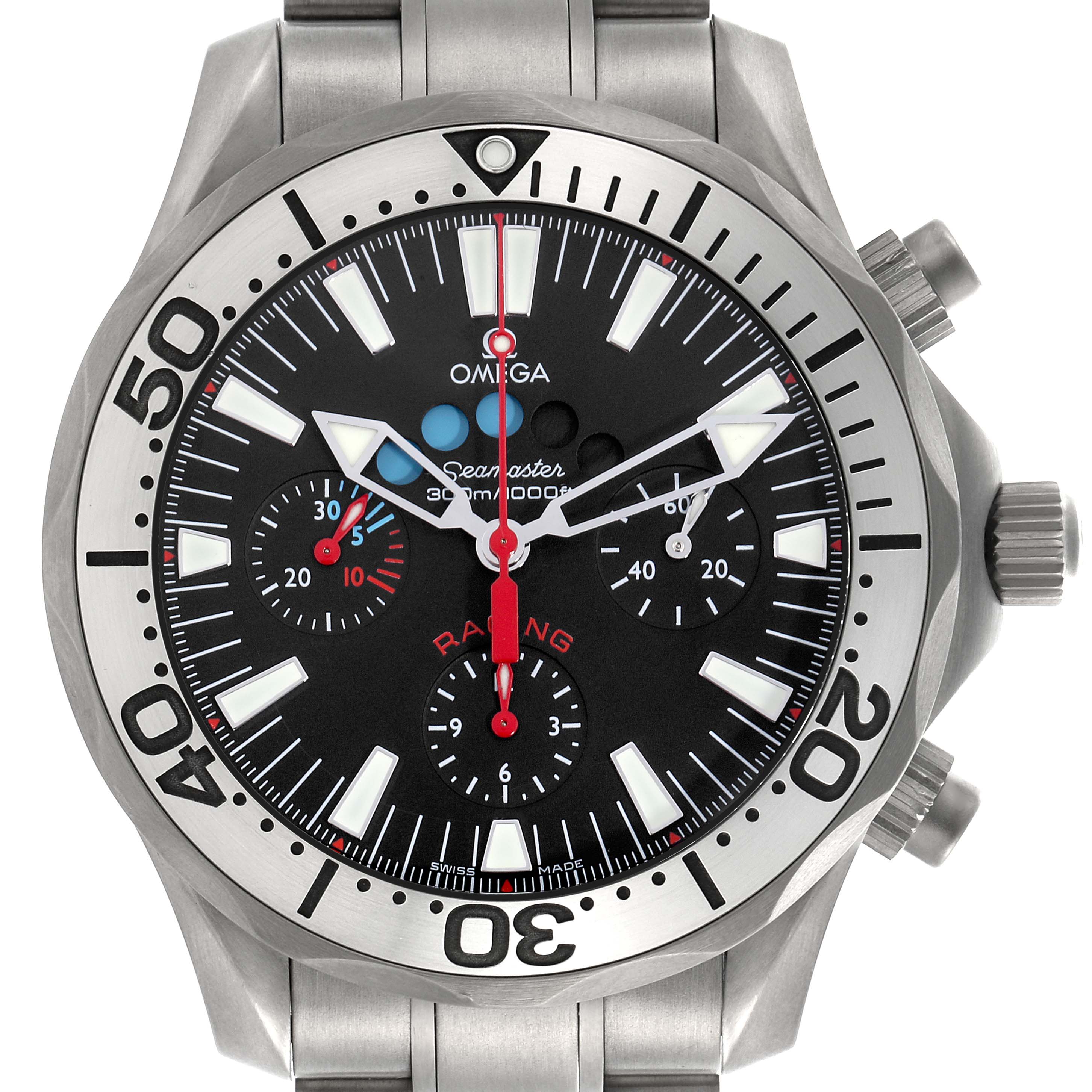 The Omega Seamaster 2269.52.00 Men's Titanium Black Dial 2269.52.00 Men's Titanium Black Dial watch is shown from the front, displaying the bezel, dial, chronograph subdials, and pushers.