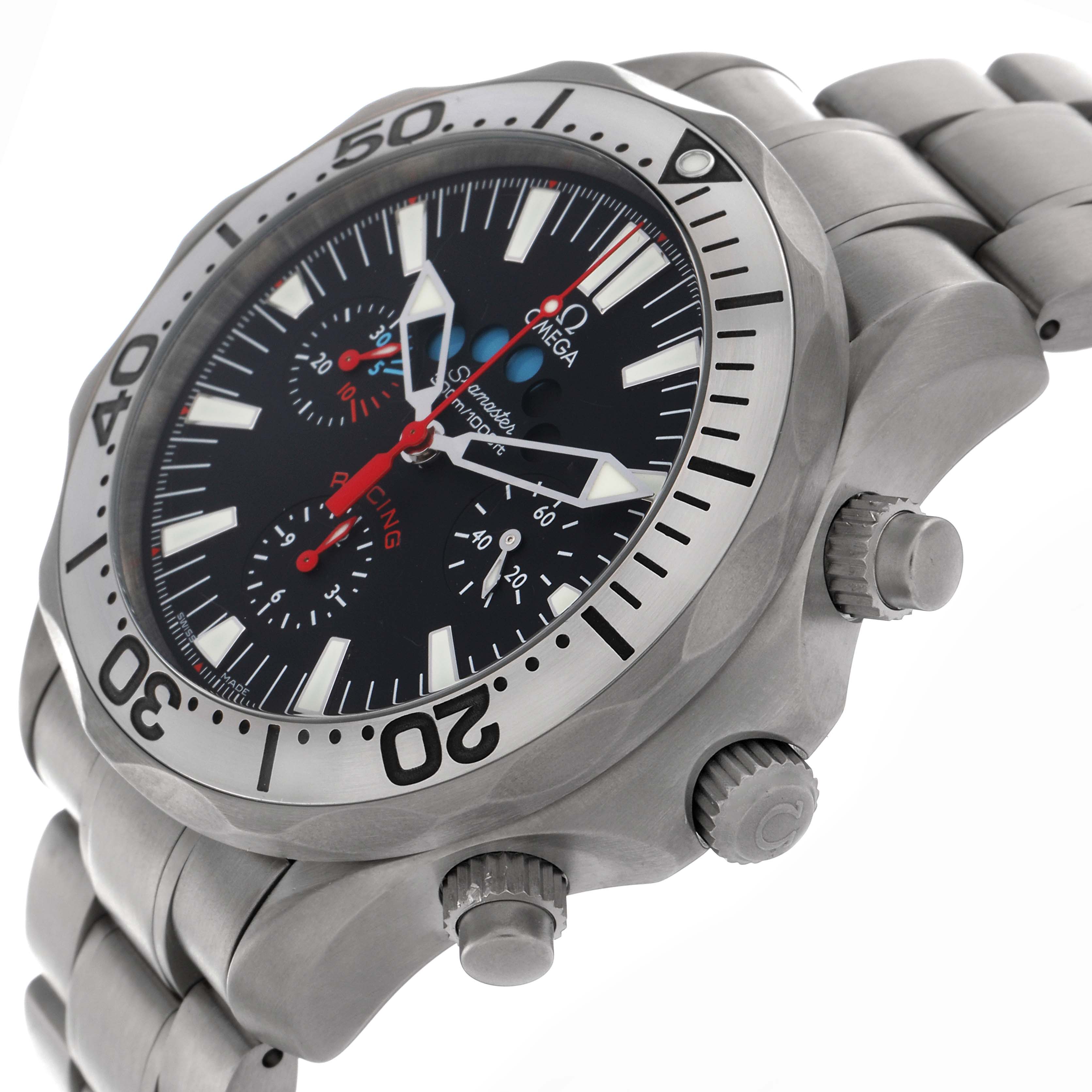 The Omega Seamaster 2269.52.00 Men's Titanium Black Dial 2269.52.00 Men's Titanium Black Dial watch is shown at an angle highlighting the dial, bezel, chronograph subdials, and the side buttons.