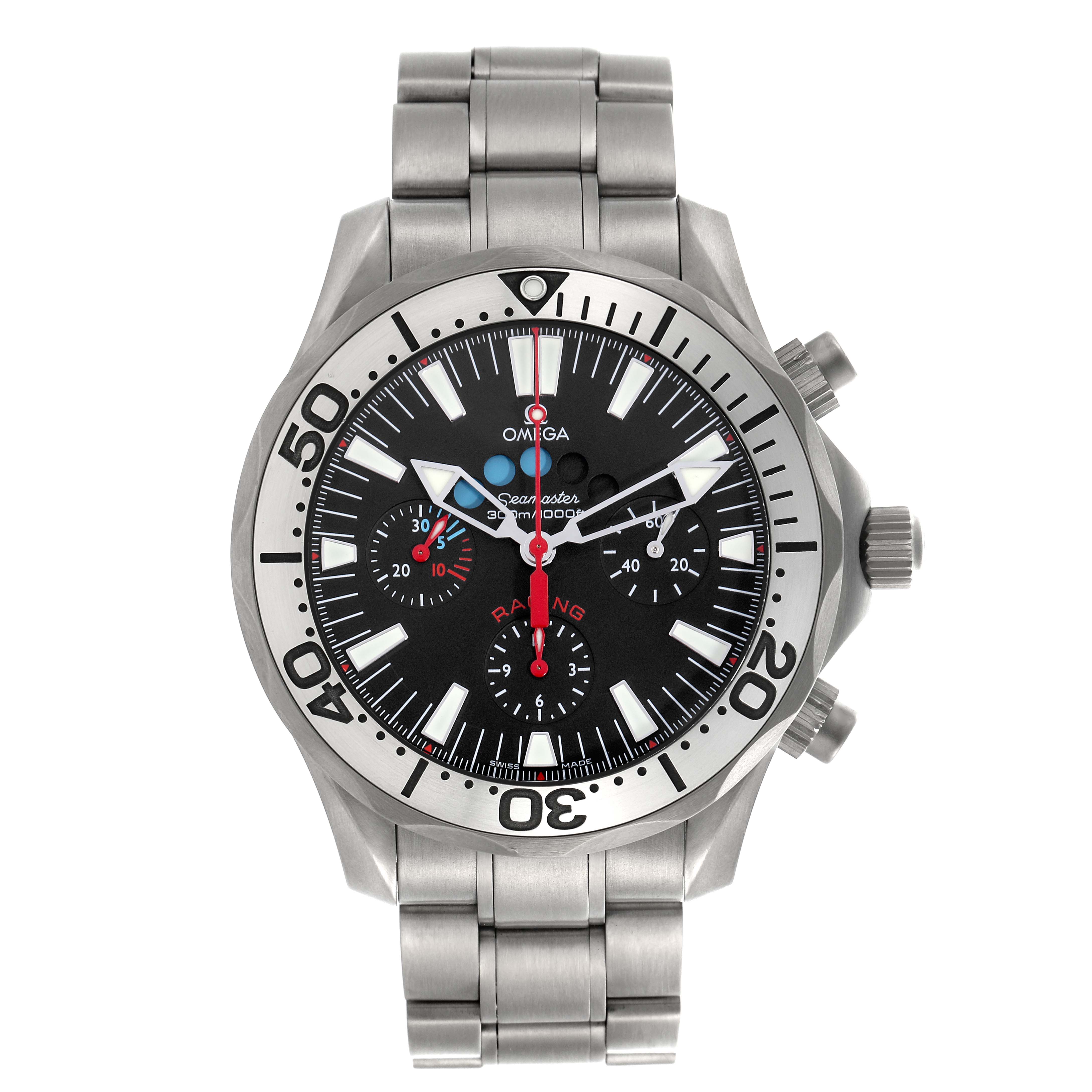 The Omega Seamaster 2269.52.00 Men's Titanium Black Dial 2269.52.00 Men's Titanium Black Dial watch is shown from the front, displaying its dial, bezel, and stainless steel bracelet.