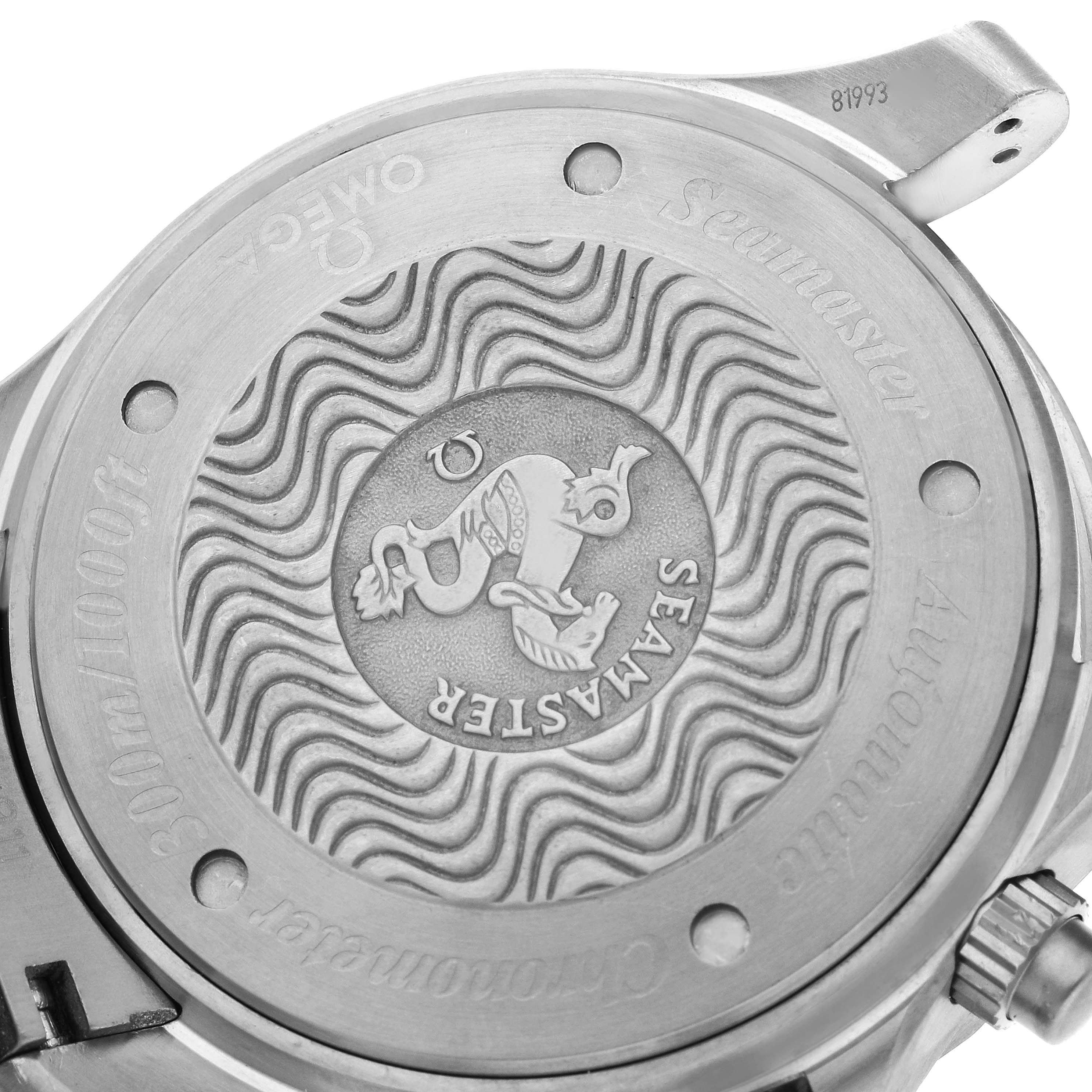 The image shows the case back of an Omega Seamaster 2269.52.00 Men's Titanium Black Dial 2269.52.00 Men's Titanium Black Dial watch, featuring the brand logo and wavy patterns.