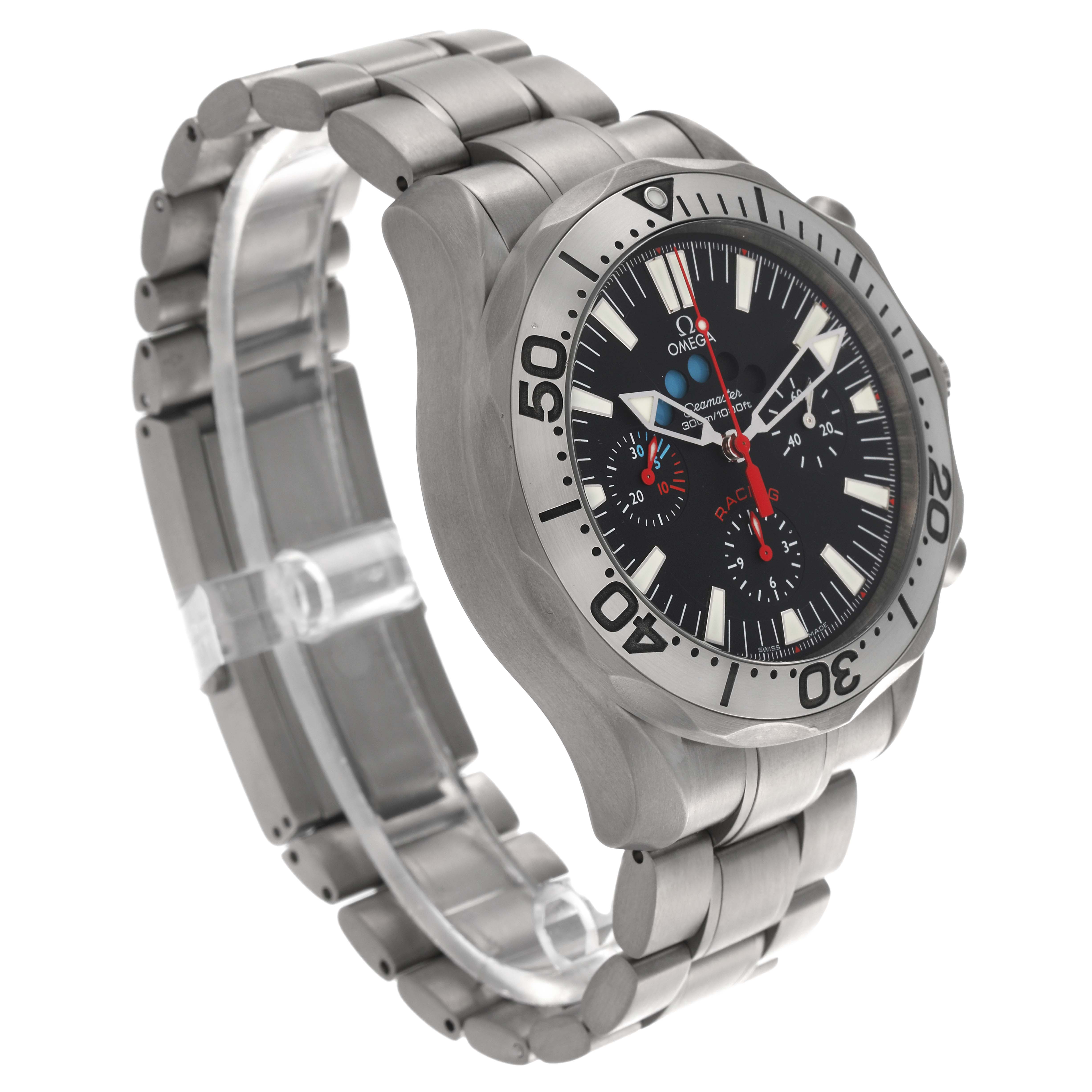 The Omega Seamaster 2269.52.00 Men's Titanium Black Dial 2269.52.00 Men's Titanium Black Dial watch is shown at an angled side view, highlighting the bezel, dial, and stainless steel bracelet.