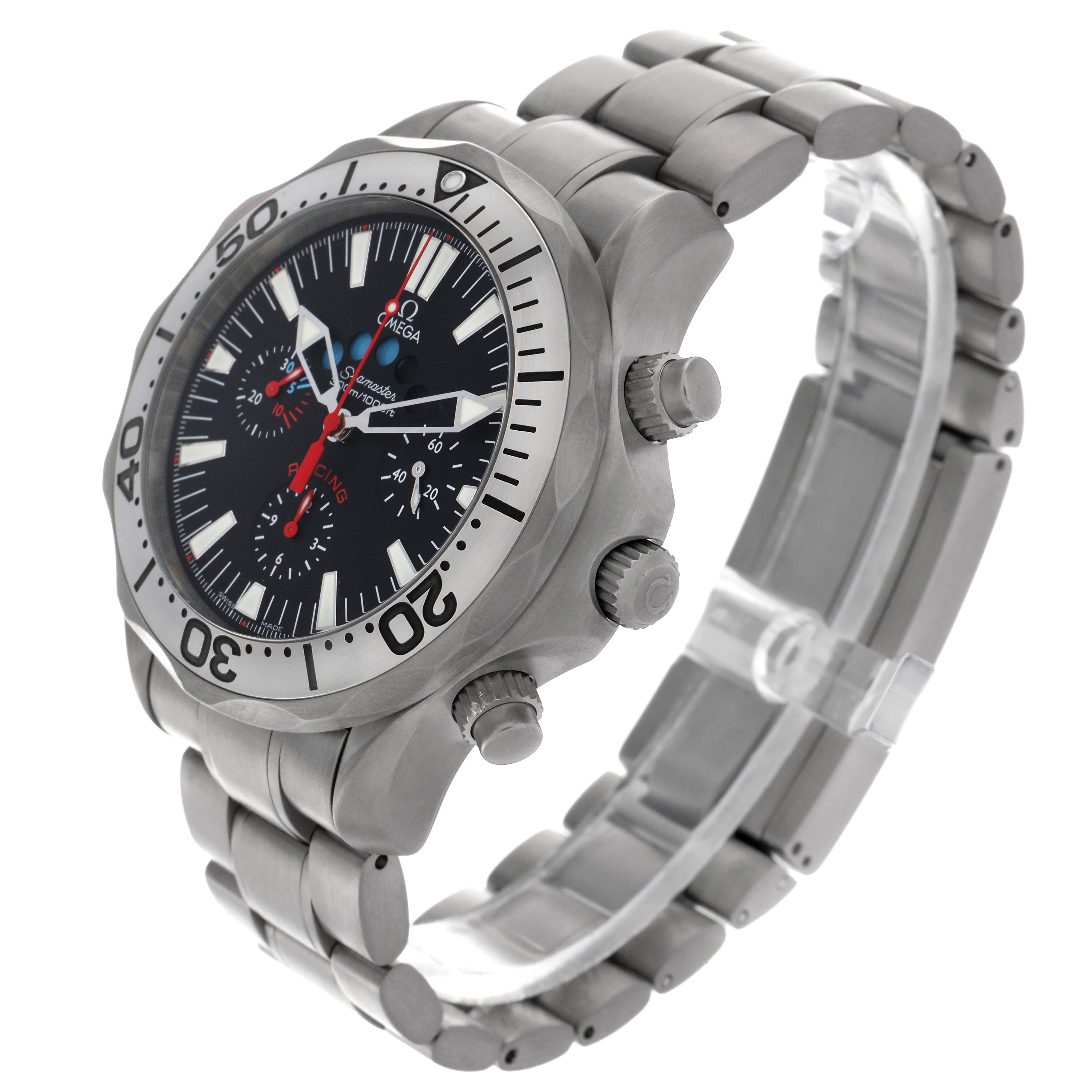The Omega Seamaster 2269.52.00 Men's Titanium Black Dial 2269.52.00 Men's Titanium Black Dial watch is shown at a three-quarter angle displaying the bezel, dials, crown, and bracelet.