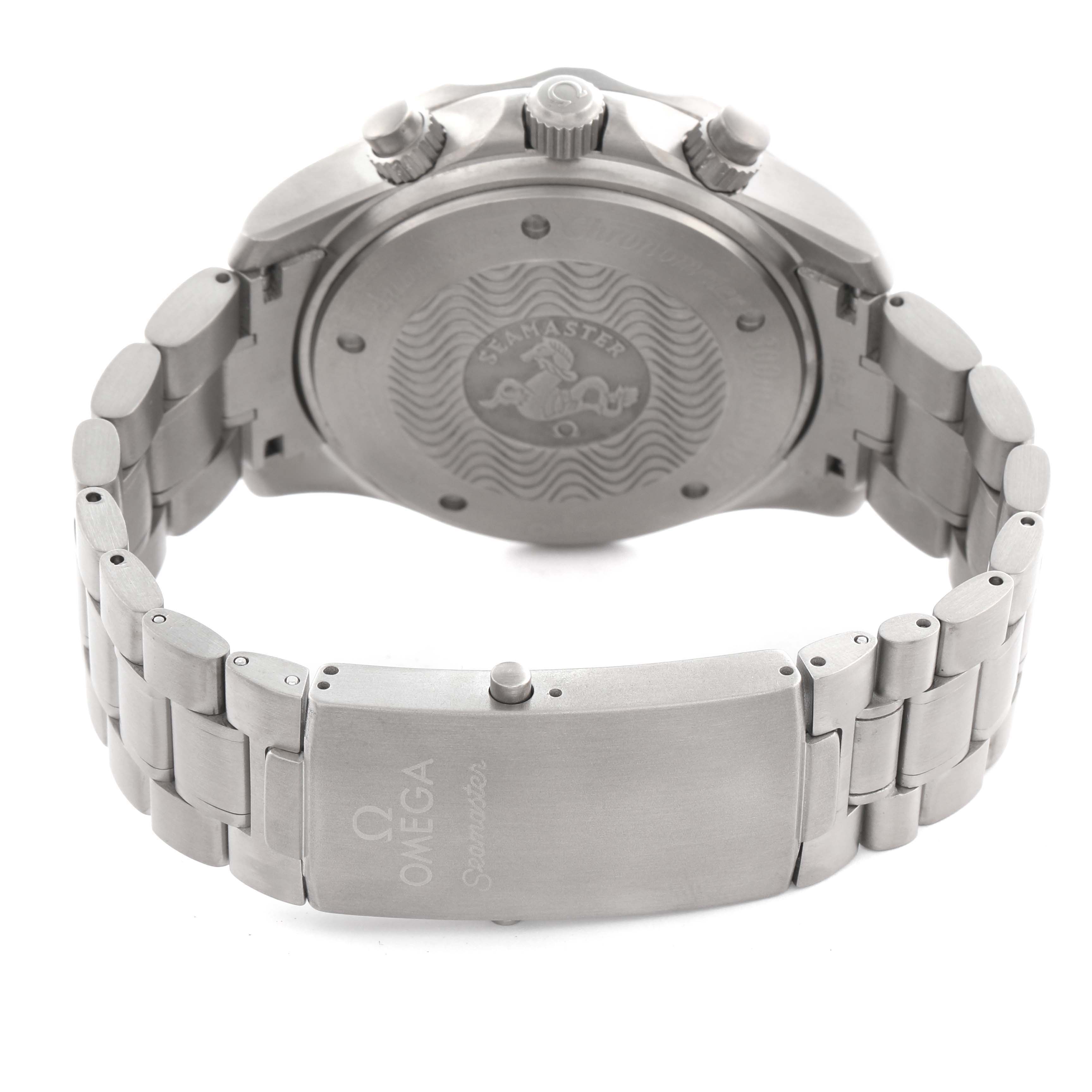 The Omega Seamaster 2269.52.00 Men's Titanium Black Dial 2269.52.00 Men's Titanium Black Dial watch is shown from the back, highlighting the case back, crown, pushers, and bracelet clasp.